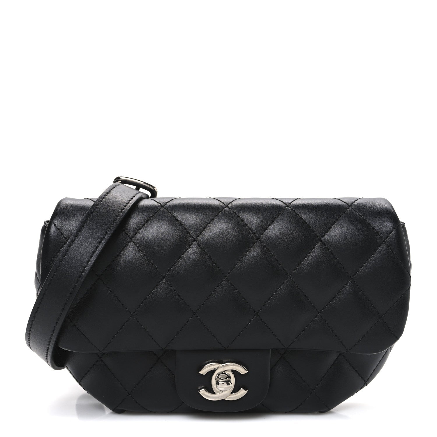 Calfskin Quilted CC Uniform Flap Belt Bag Black