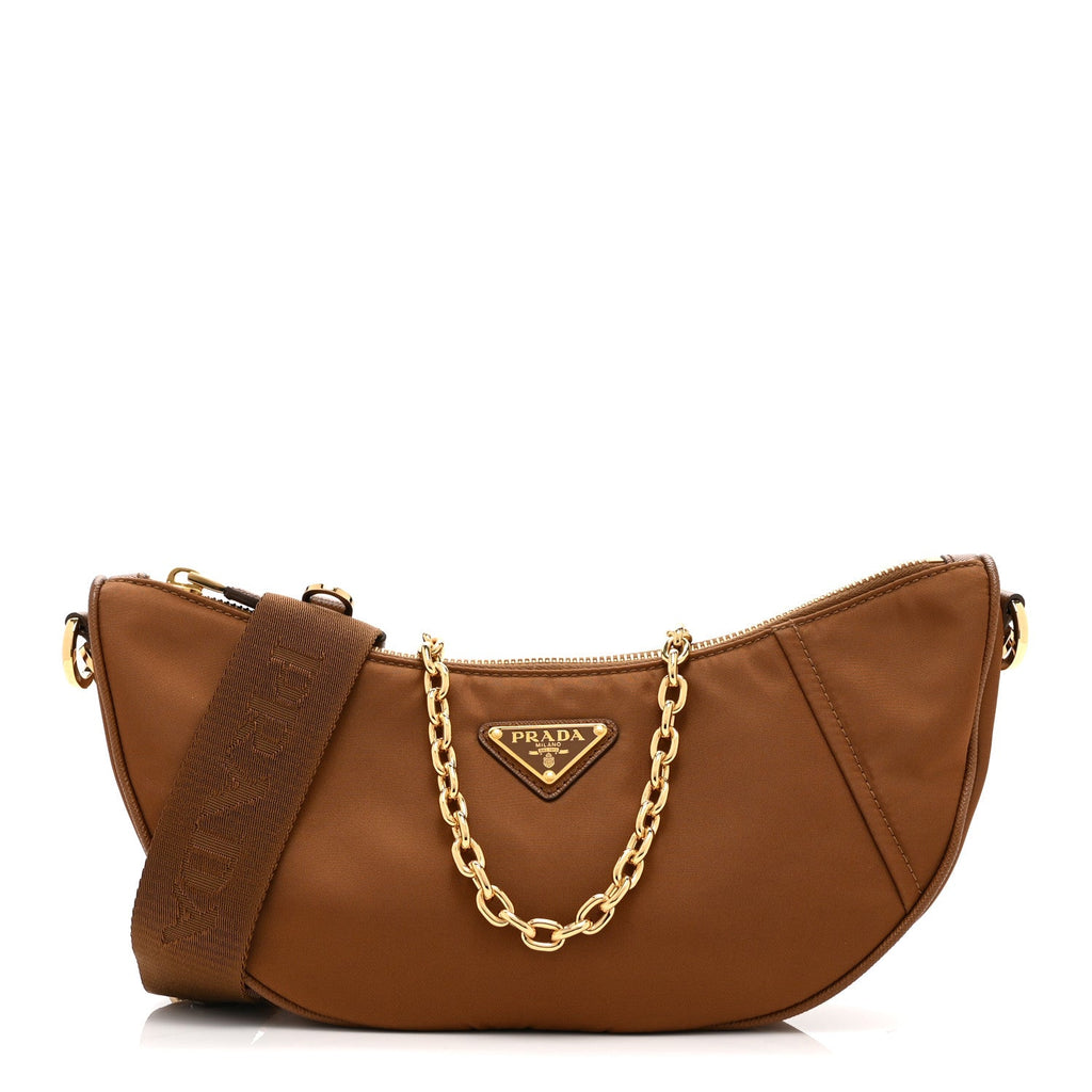 Re-Nylon Saffiano Demi-lune Shoulder Bag Brandy