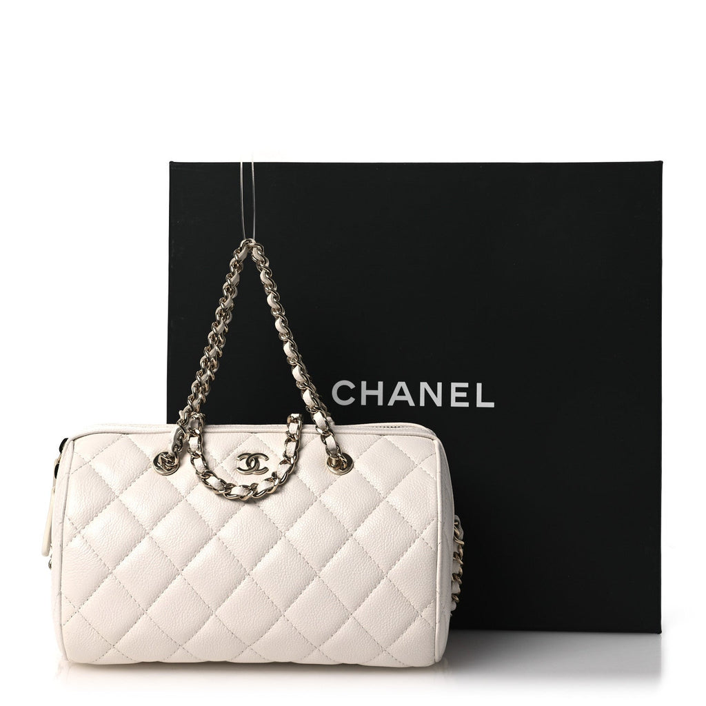Caviar Quilted Barrel Clutch With Chain White