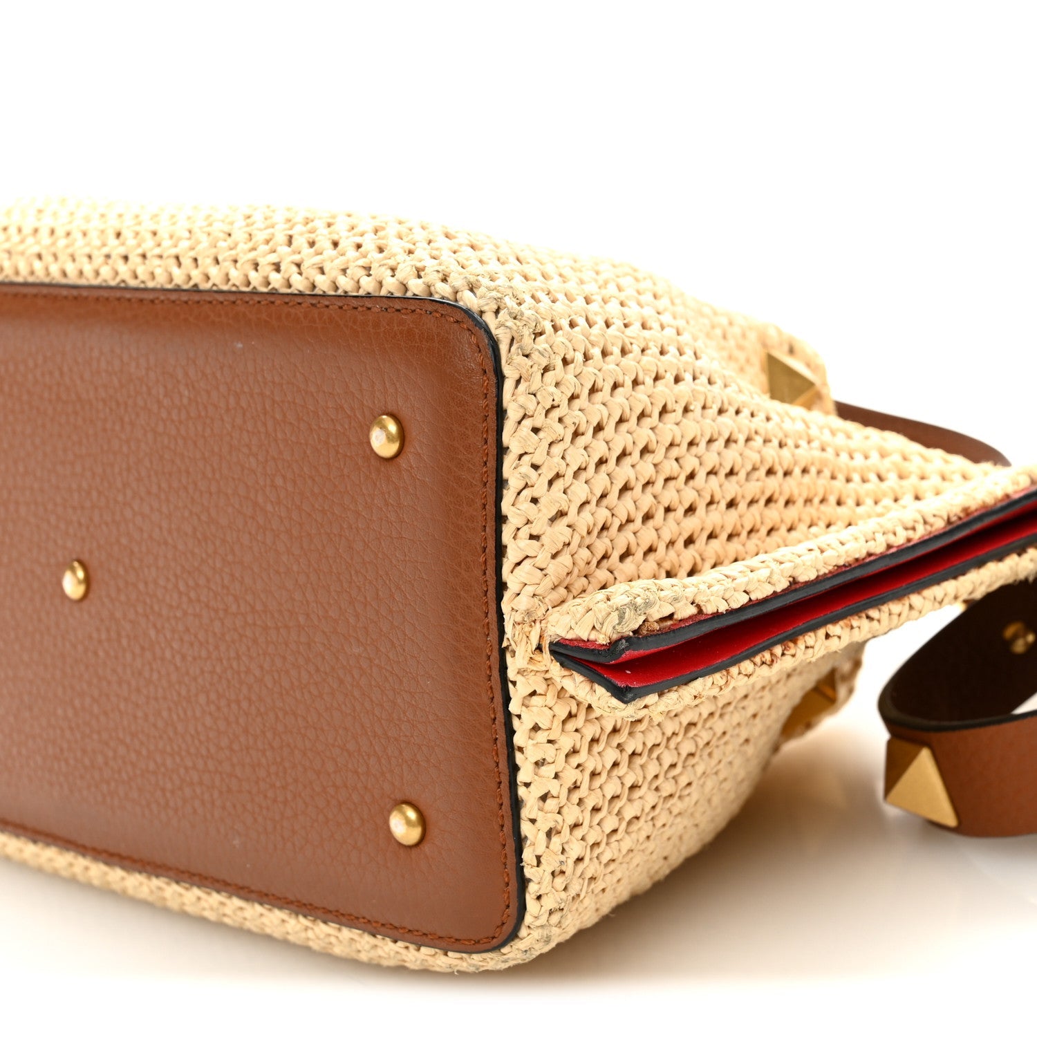 Raffia Grained Calfskin Small Rockstud Vlogo Tote Naturale