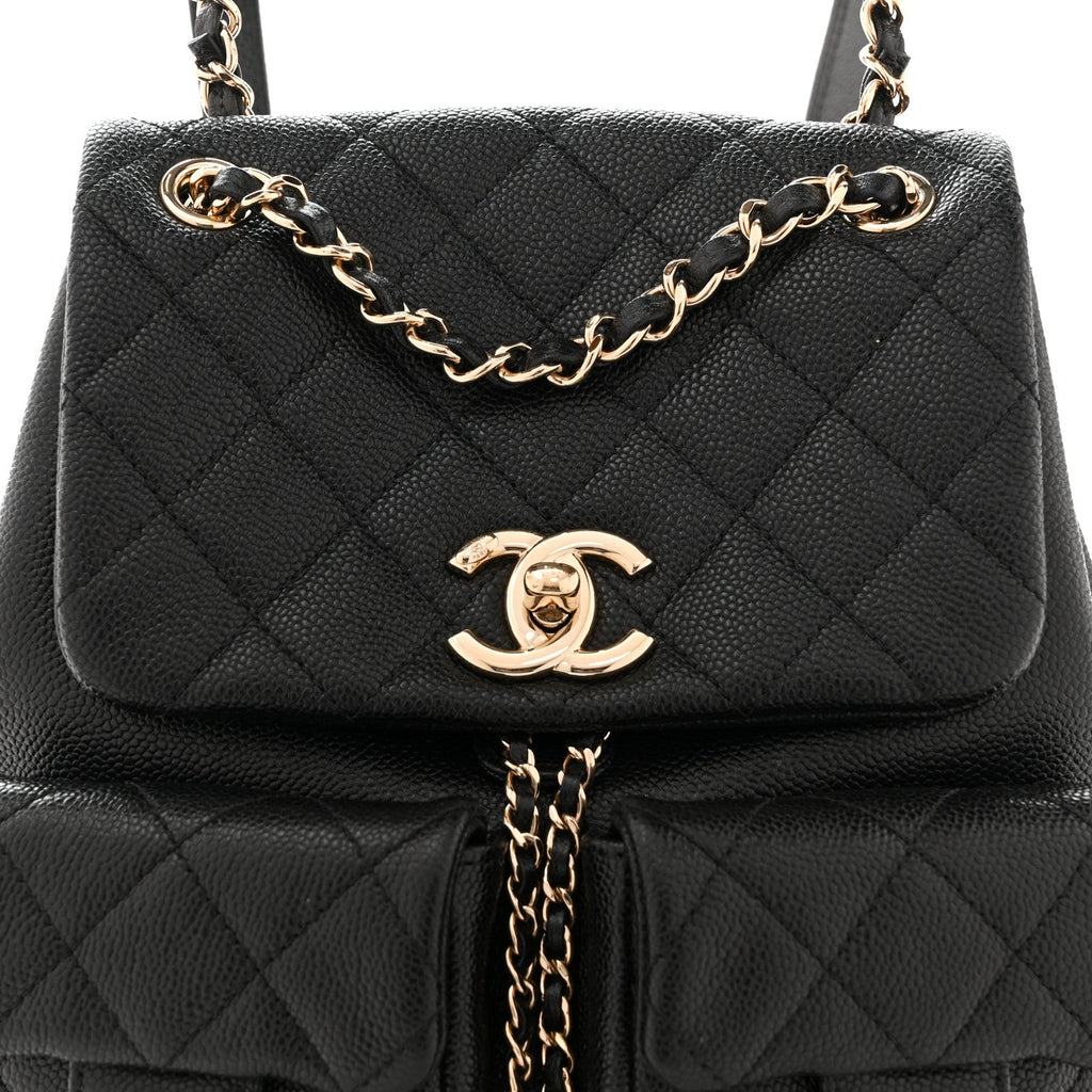 Shiny Caviar Quilted Medium Duma Pockets Drawstring Backpack Black