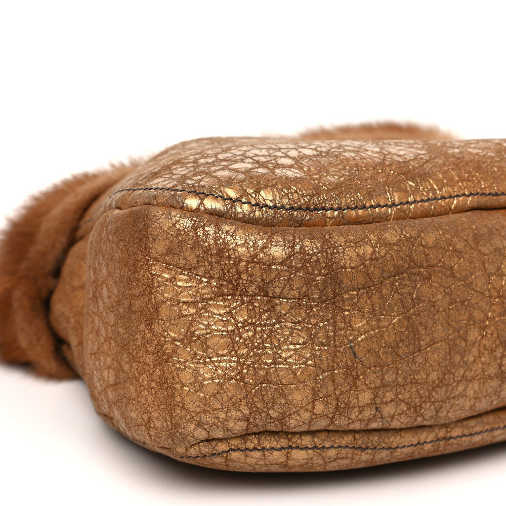Metallic Suede Mink Shearling Crocodile Embossed Tote Gold