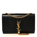 Calfskin Crocodile Embossed Medium Classic Monogram Kate Tassel Satchel Black