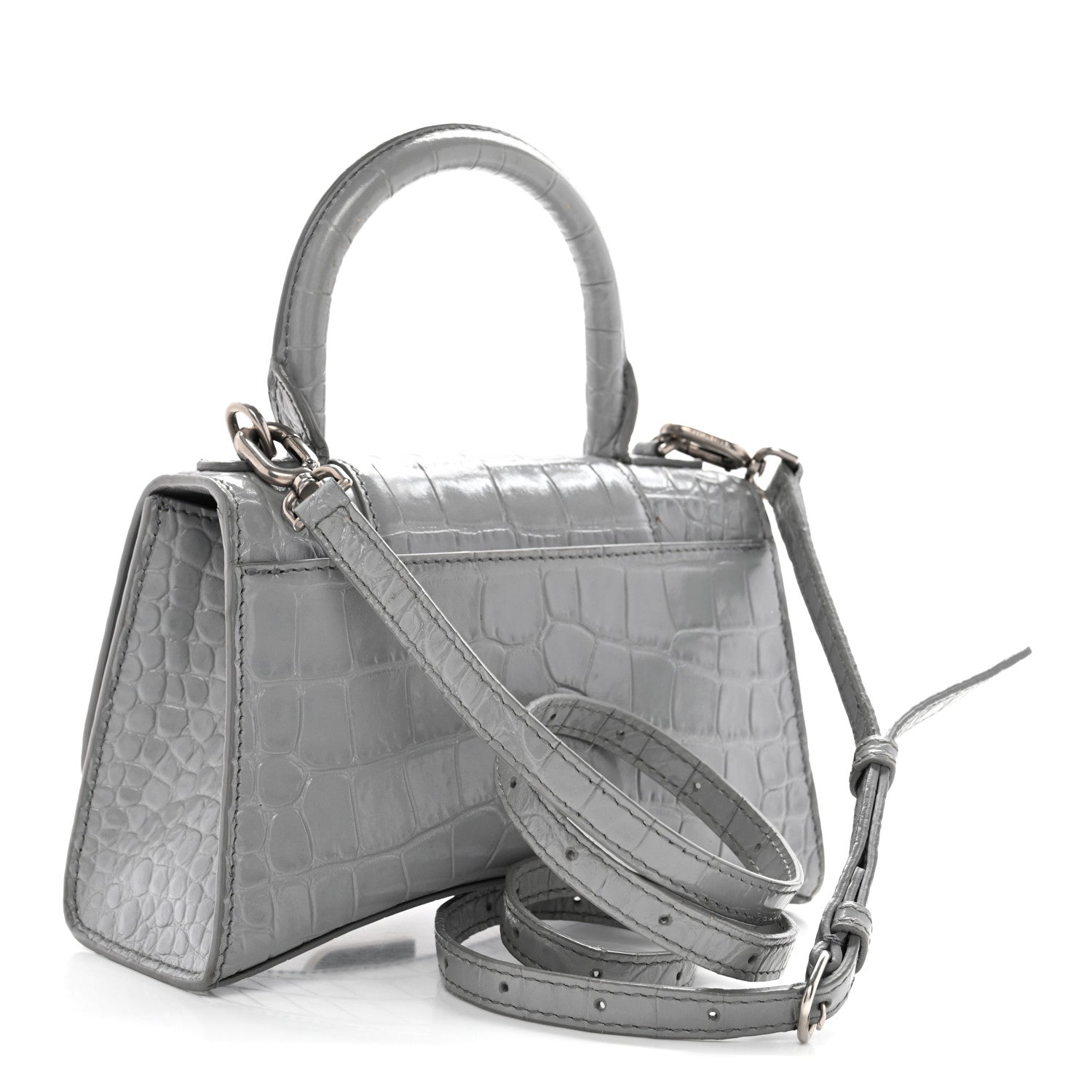 Shiny Calfskin Crocodile Embossed Hourglass Top Handle Bag XS Balenciaga Grey