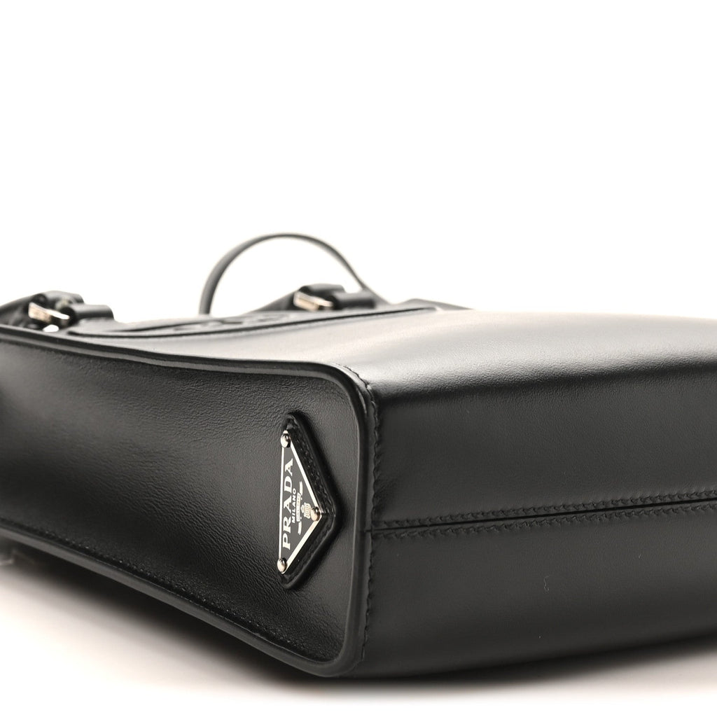 Soft Calfskin Triangle Logo Embossed Small Double Handle Crossbody Tote Black