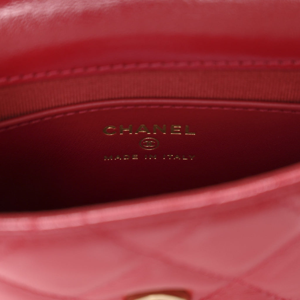 Shiny Lambskin Quilted Mini Metal Top Handle Clutch With Chain  Red