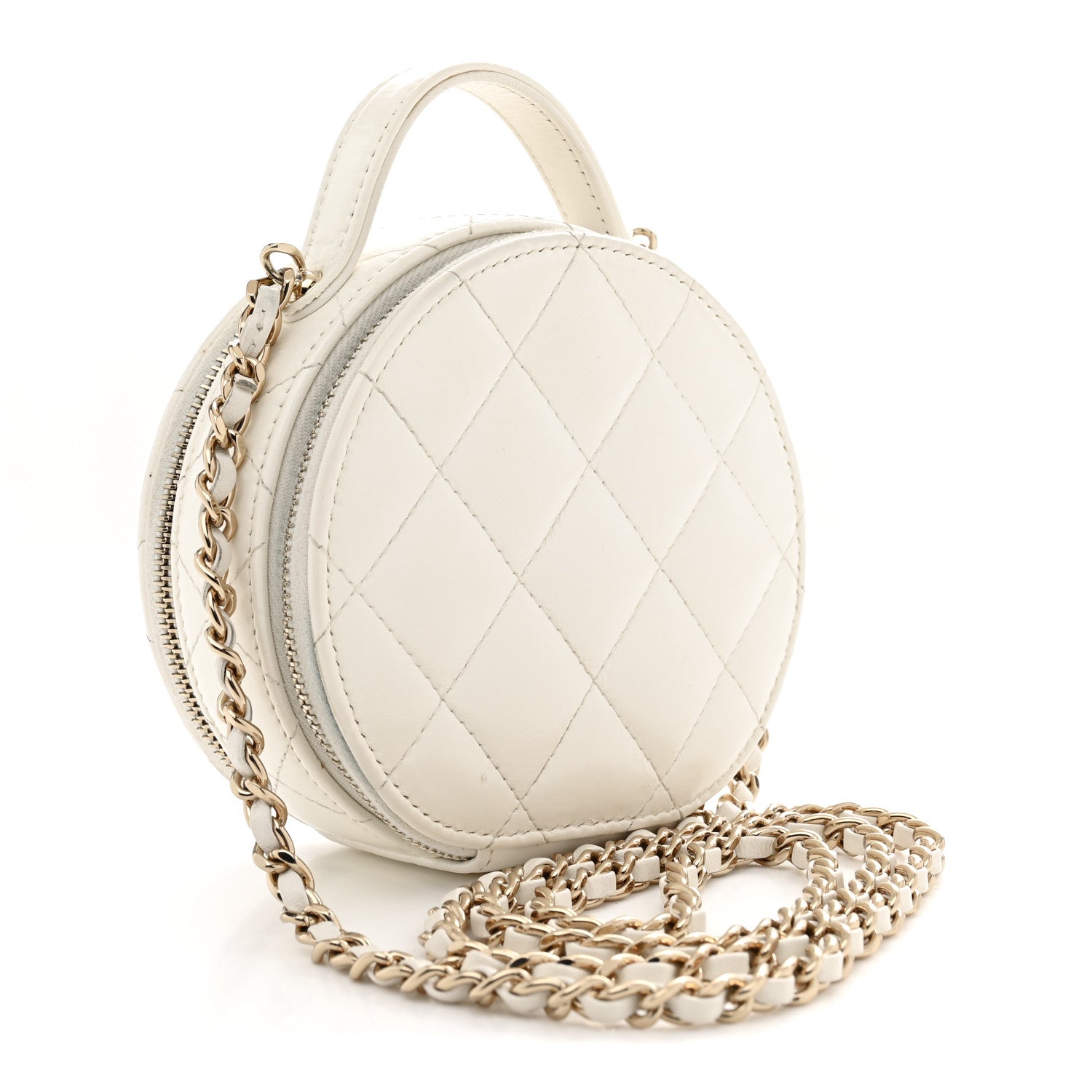 Lambskin Quilted Round Handle With Care Vanity With Chain White