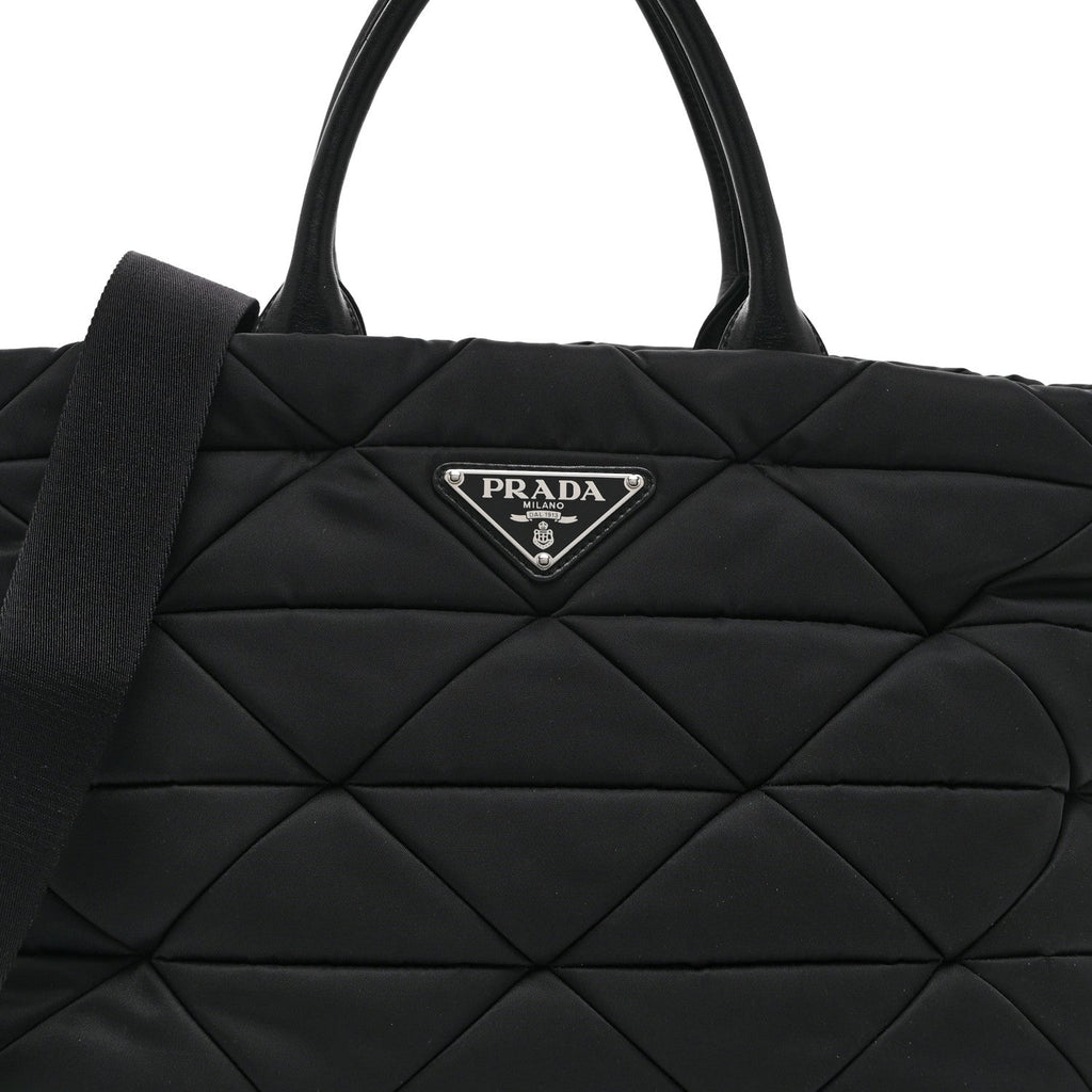 Re-Nylon Nappa Triangle Quilted Padded Medium Double Handled Zip Tote Black