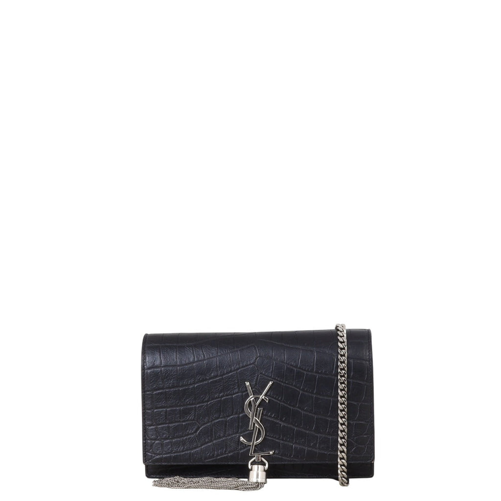 Saint Laurent Kate Tassel Chain Wallet Croc-Embossed