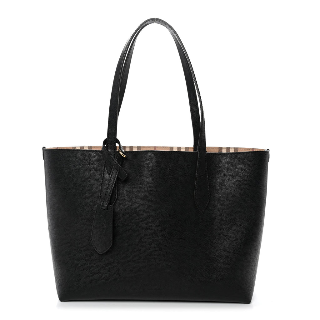 Grainy Calfskin Haymarket Check Small Reversible Tote Black