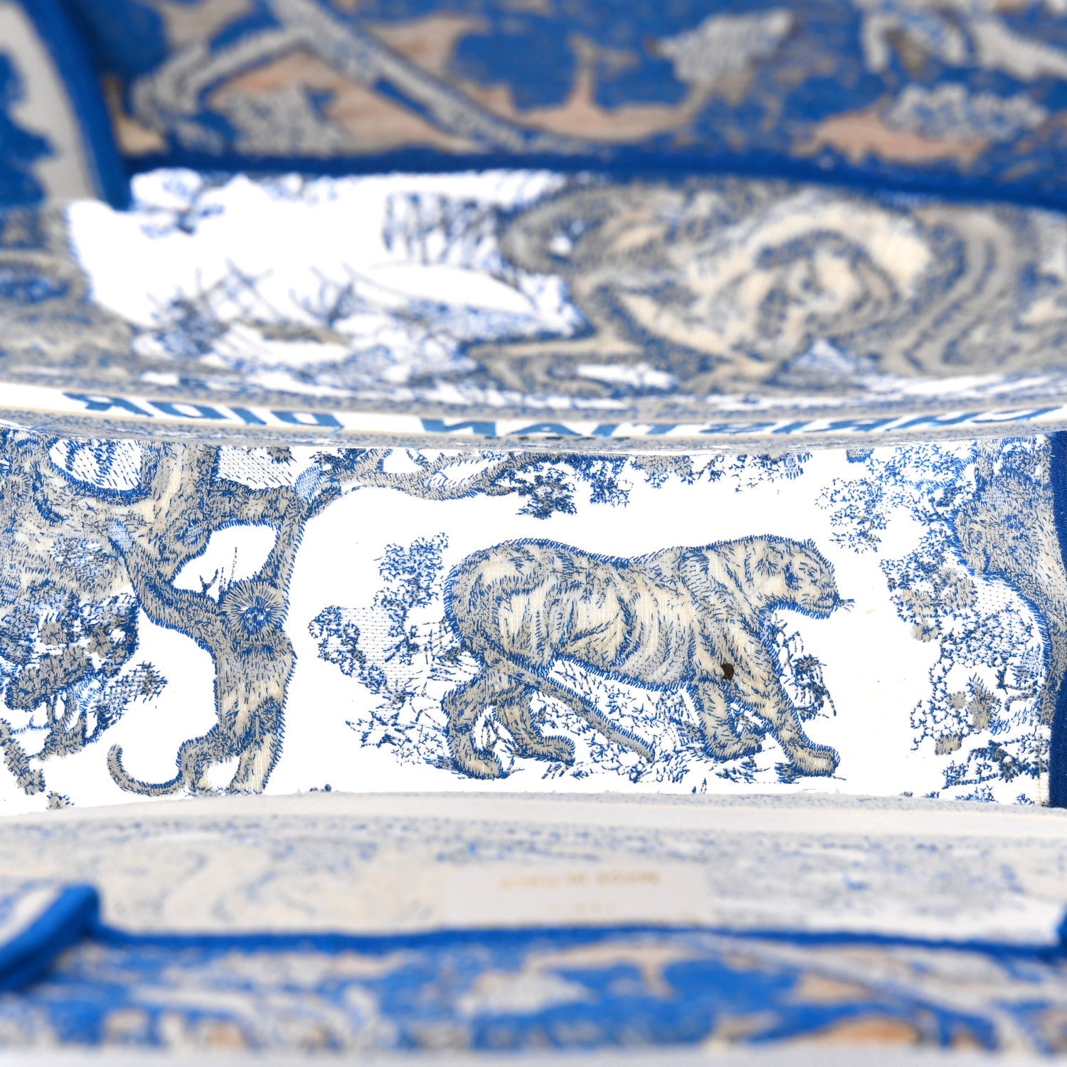 Transparent Canvas Embroidered Large Toile De Jouy Reverse Book Tote Fluorescent Blue
