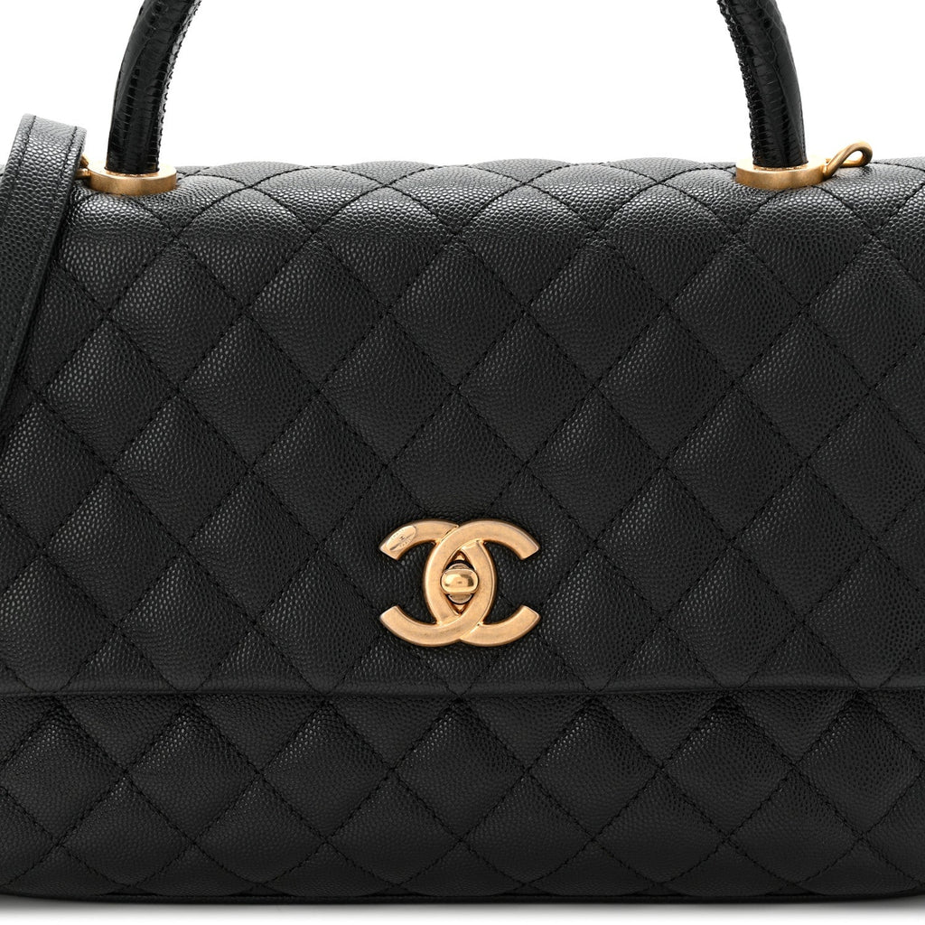 Caviar Lizard Embossed Quilted Small Coco Handle Flap Black