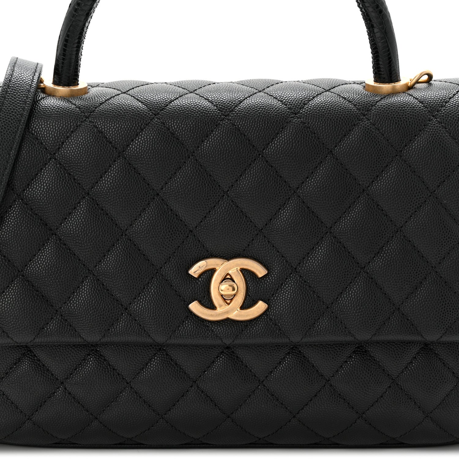 Caviar Lizard Embossed Quilted Small Coco Handle Flap Black