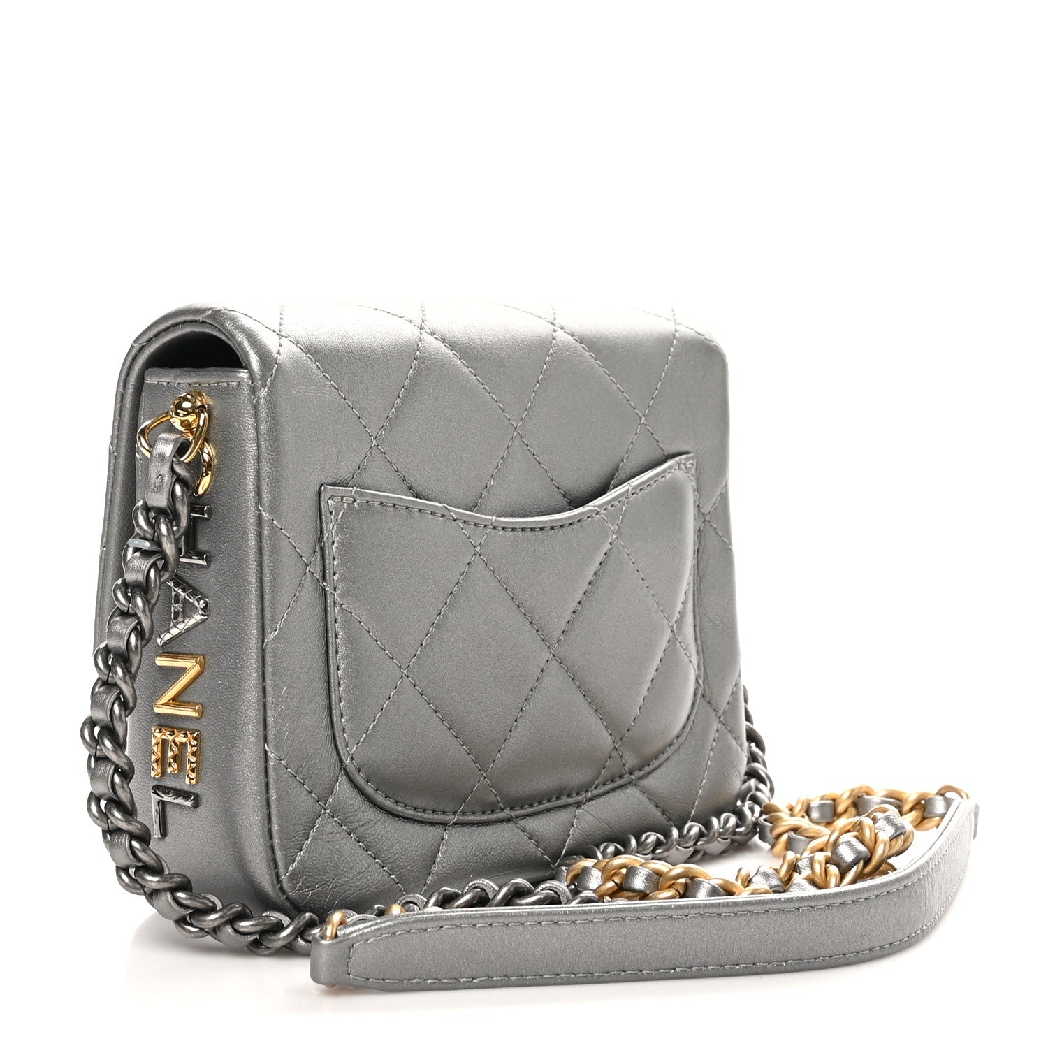 Metallic Lambskin Quilted Mini Side Note Flap Grey