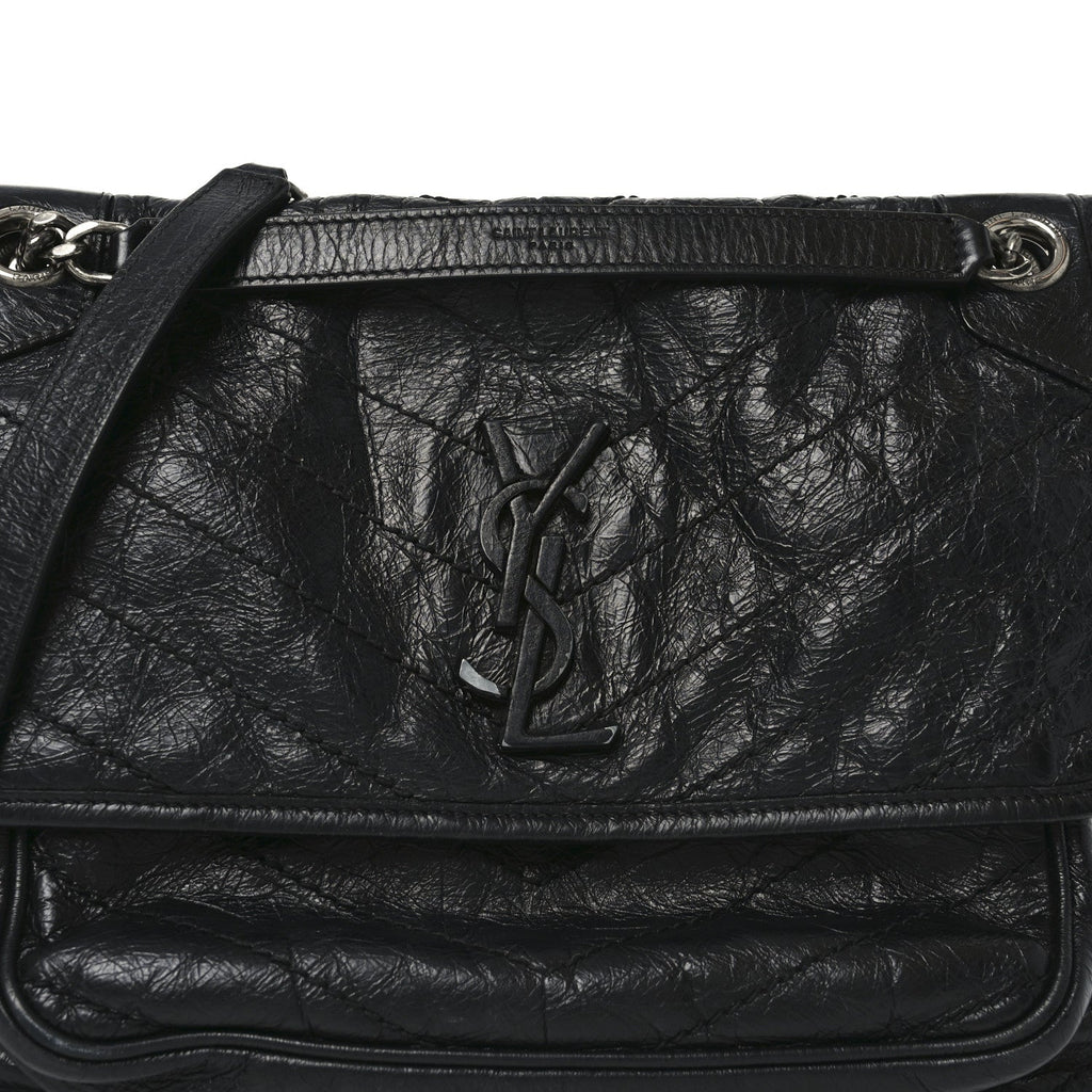 Crinkled Calfskin Matelasse Monogram Medium Niki Chain Satchel Black