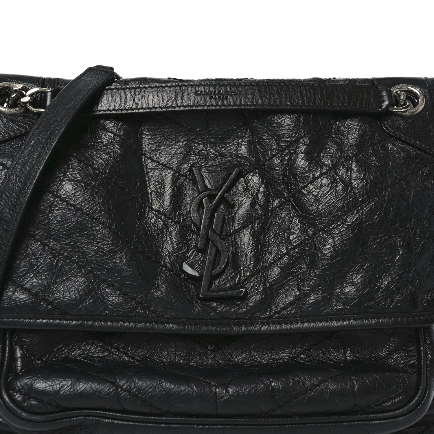 Crinkled Calfskin Matelasse Monogram Medium Niki Chain Satchel Black