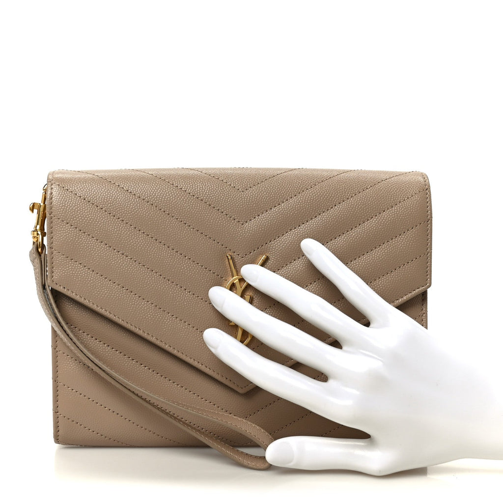 Grain De Poudre Matelasse Chevron Monogram Cassandre Flap Pouch Dark Beige