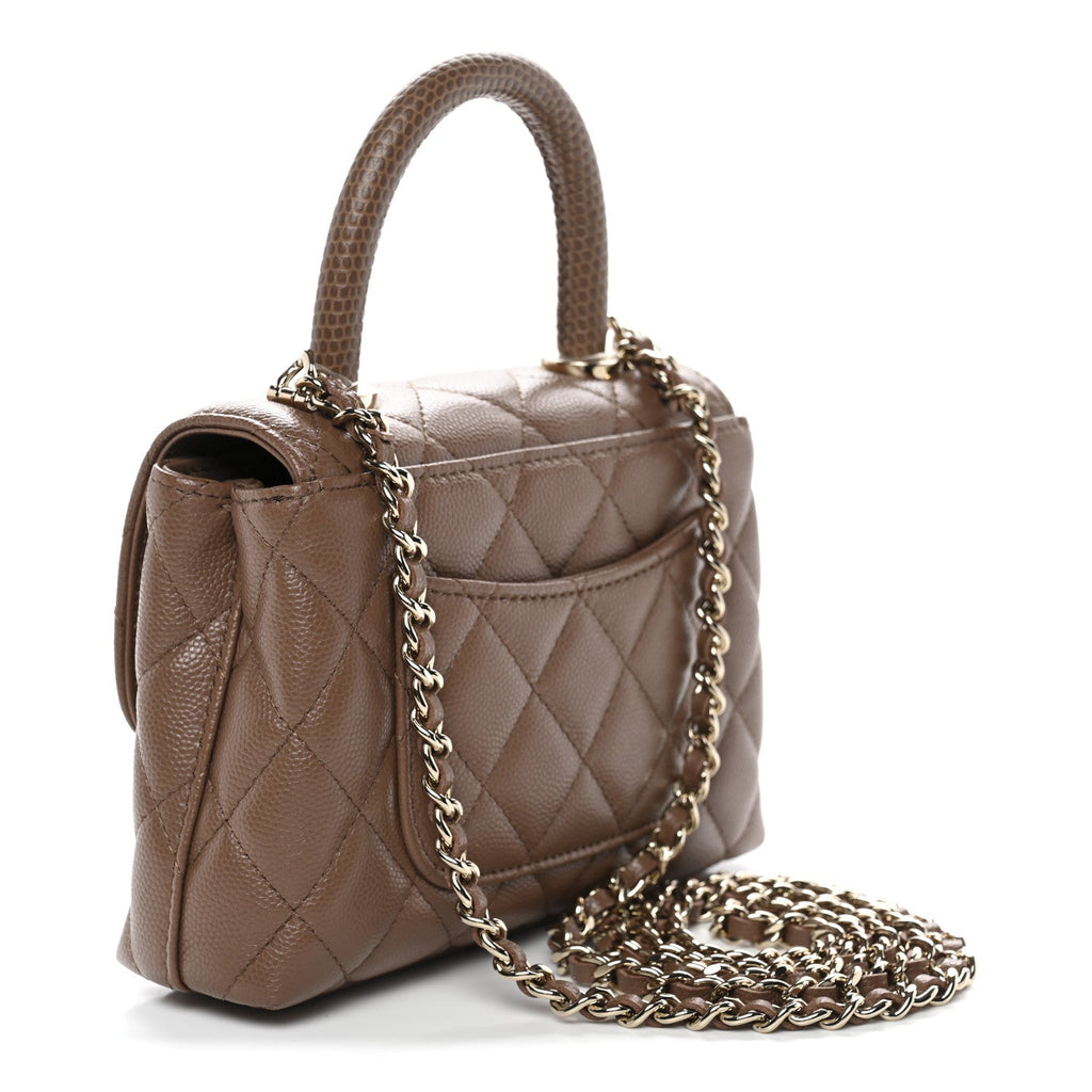 Caviar Lizard Embossed Quilted Coco Handle Clutch With Chain Brown