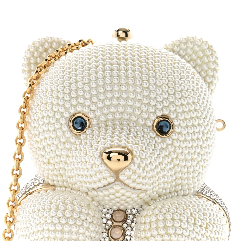 Pearl Crystal Sweetheart Bear Minaudiere Clutch White