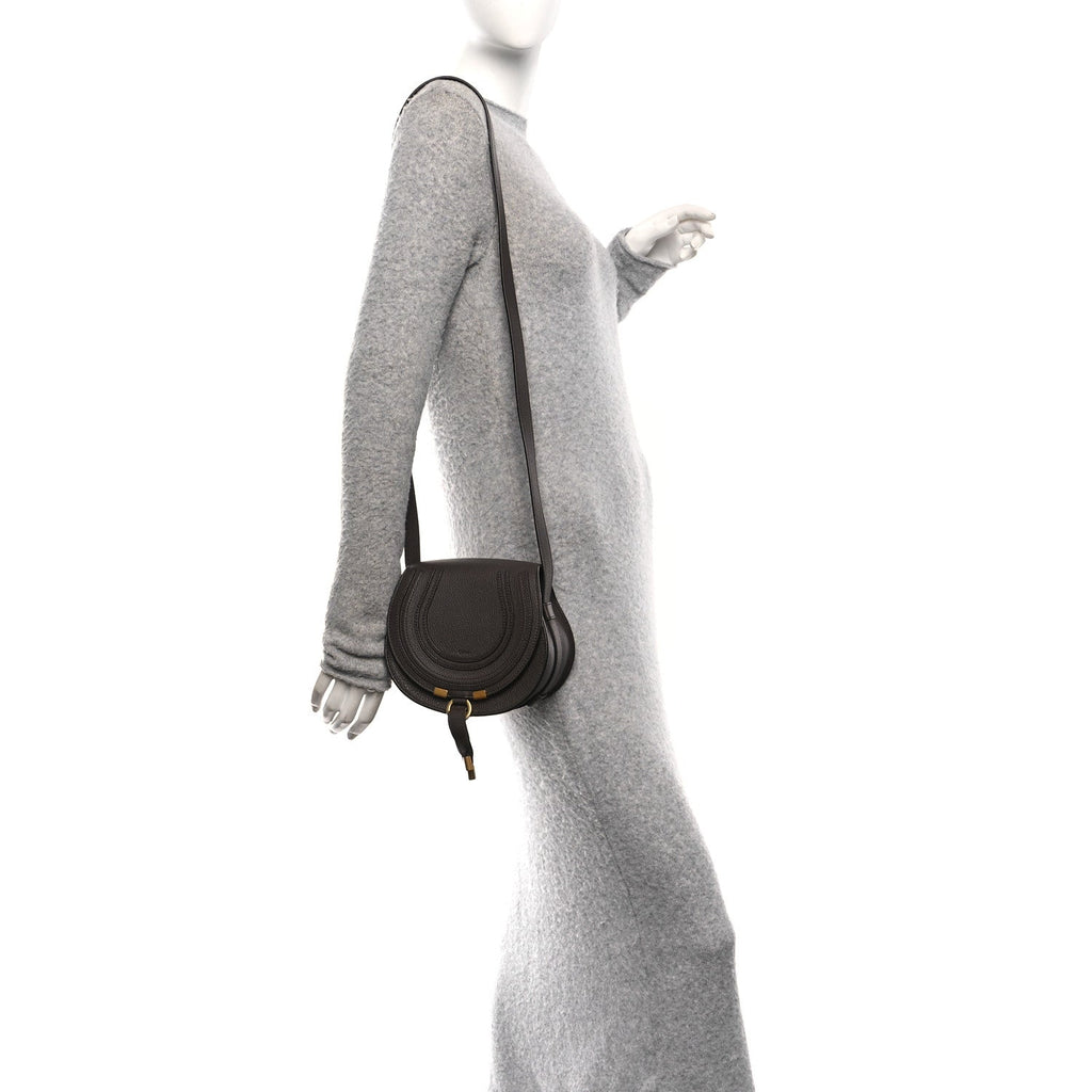 Grained Calfskin Small Marcie Round Crossbody Bag Bold Brown