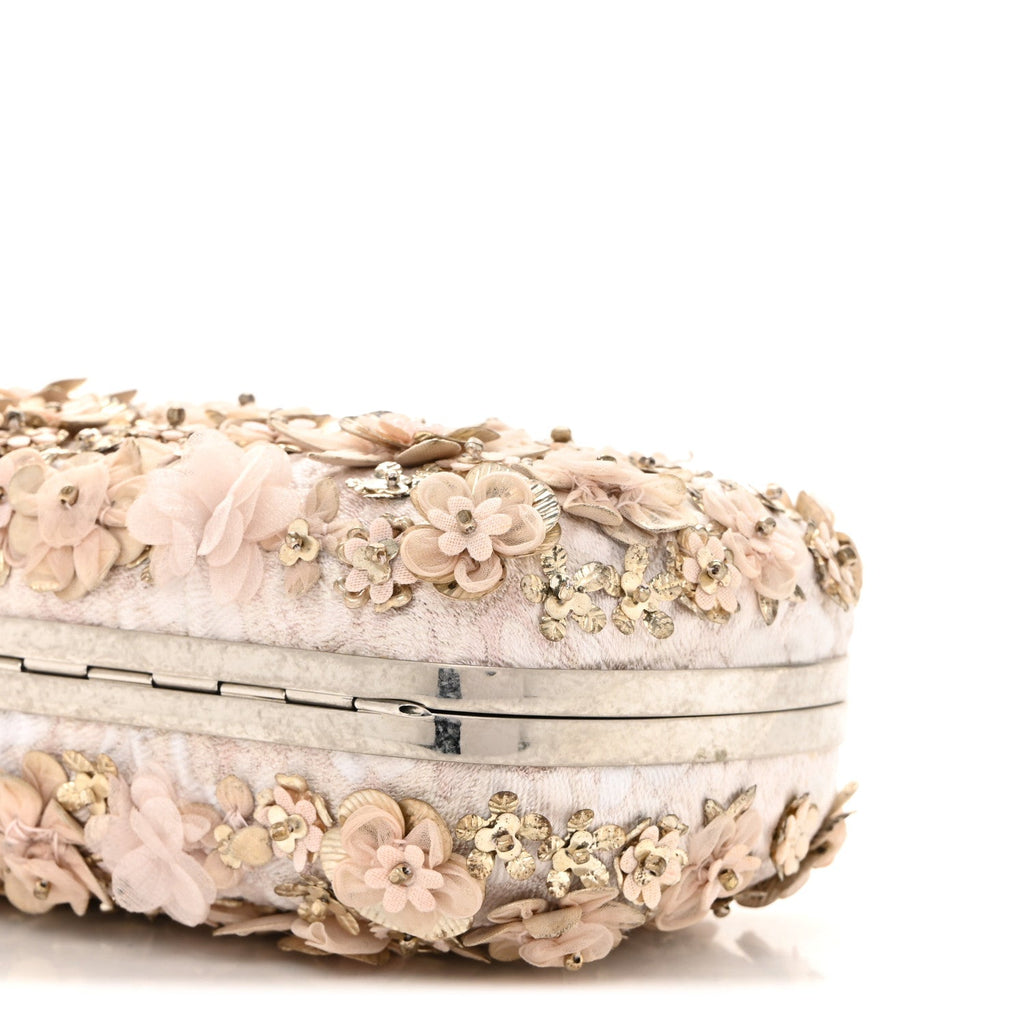 Flower Appliqued Silk Brocade Skull Box Clutch Light Pink