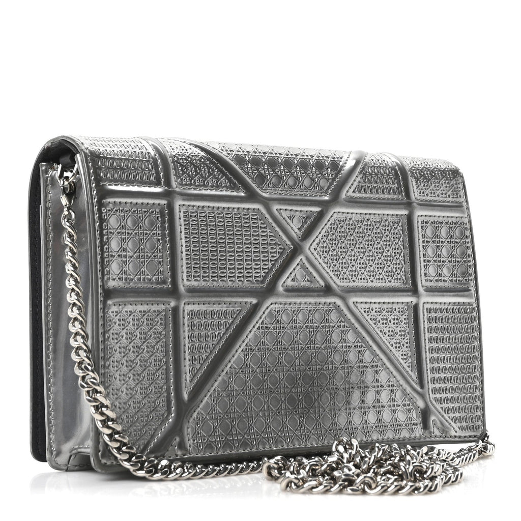 Metallic Patent Micro-Cannage Diorama Wallet on Chain Pouch Silver