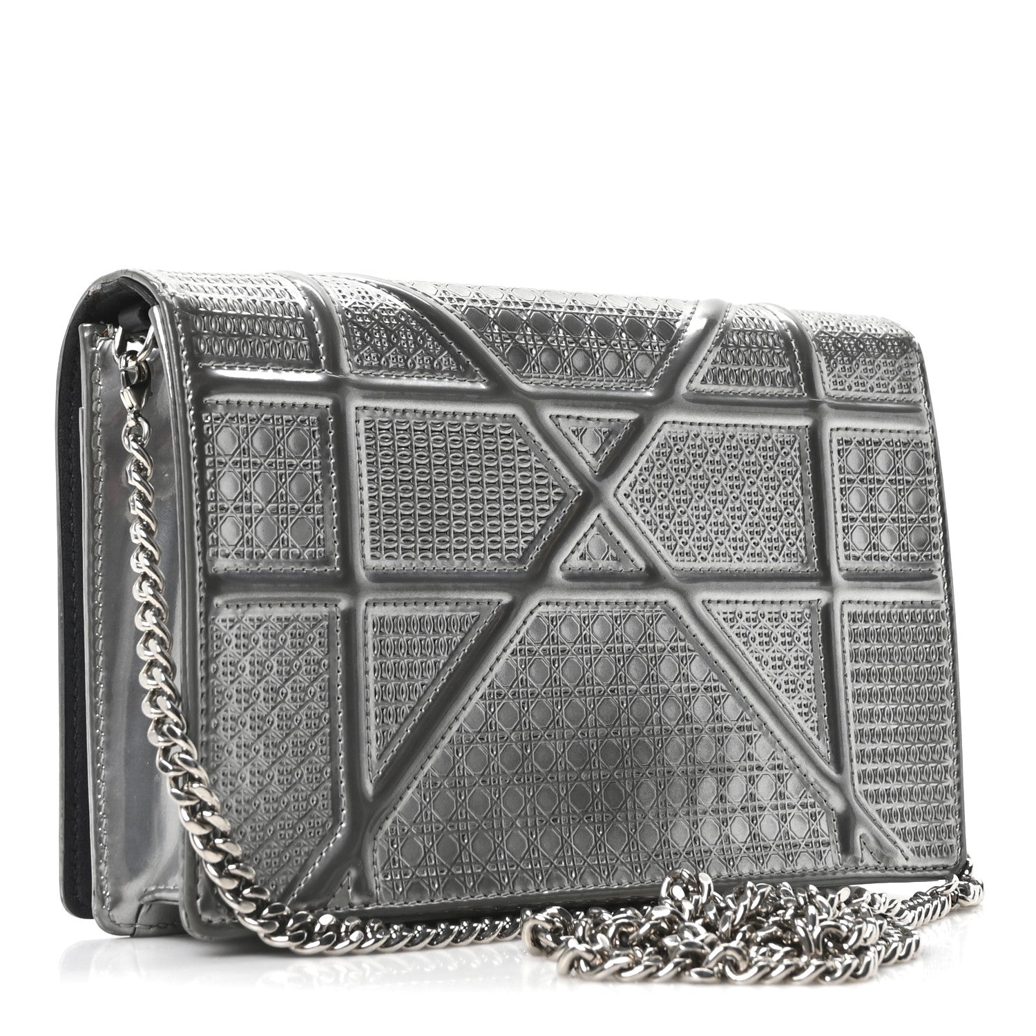 Metallic Patent Micro-Cannage Diorama Wallet on Chain Pouch Silver