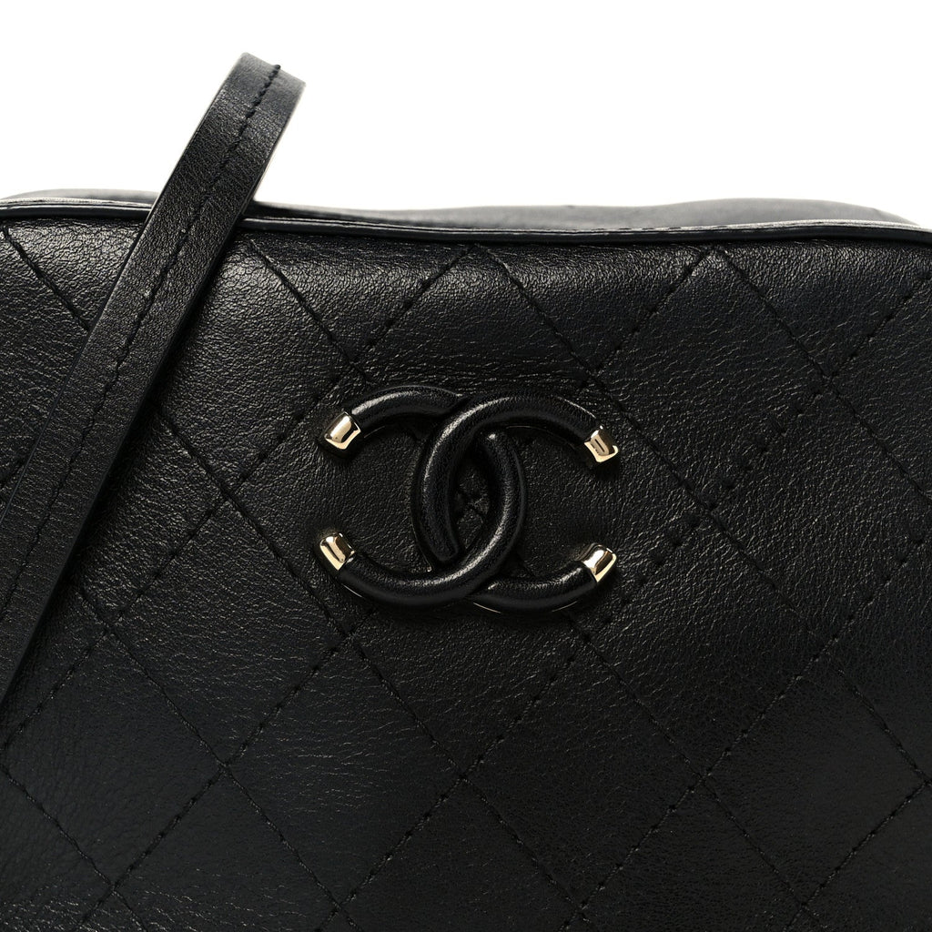 Calfskin Stitched Covered CC Camera Case Bag Black
