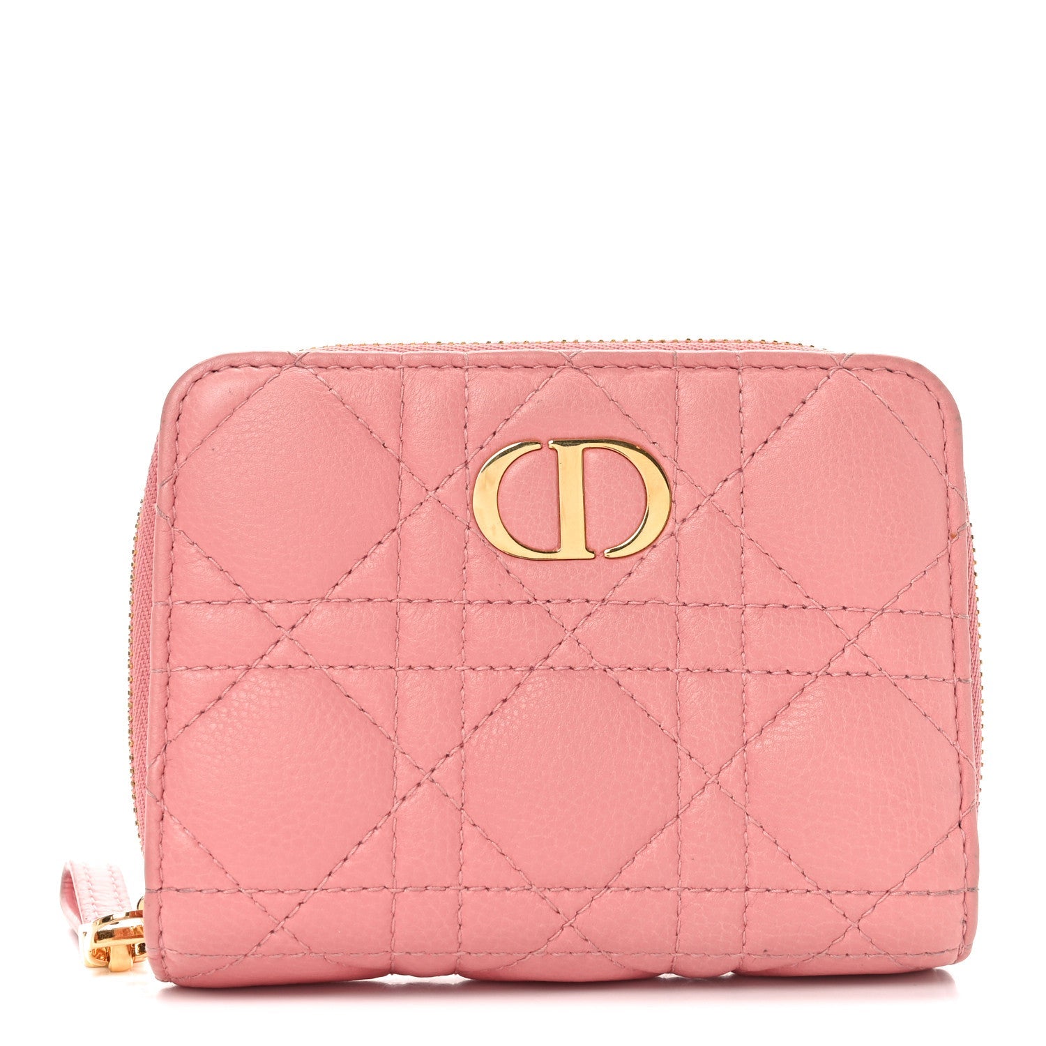 Grained Calfskin Supple Cannage Caro Compact Zipped Wallet Pink