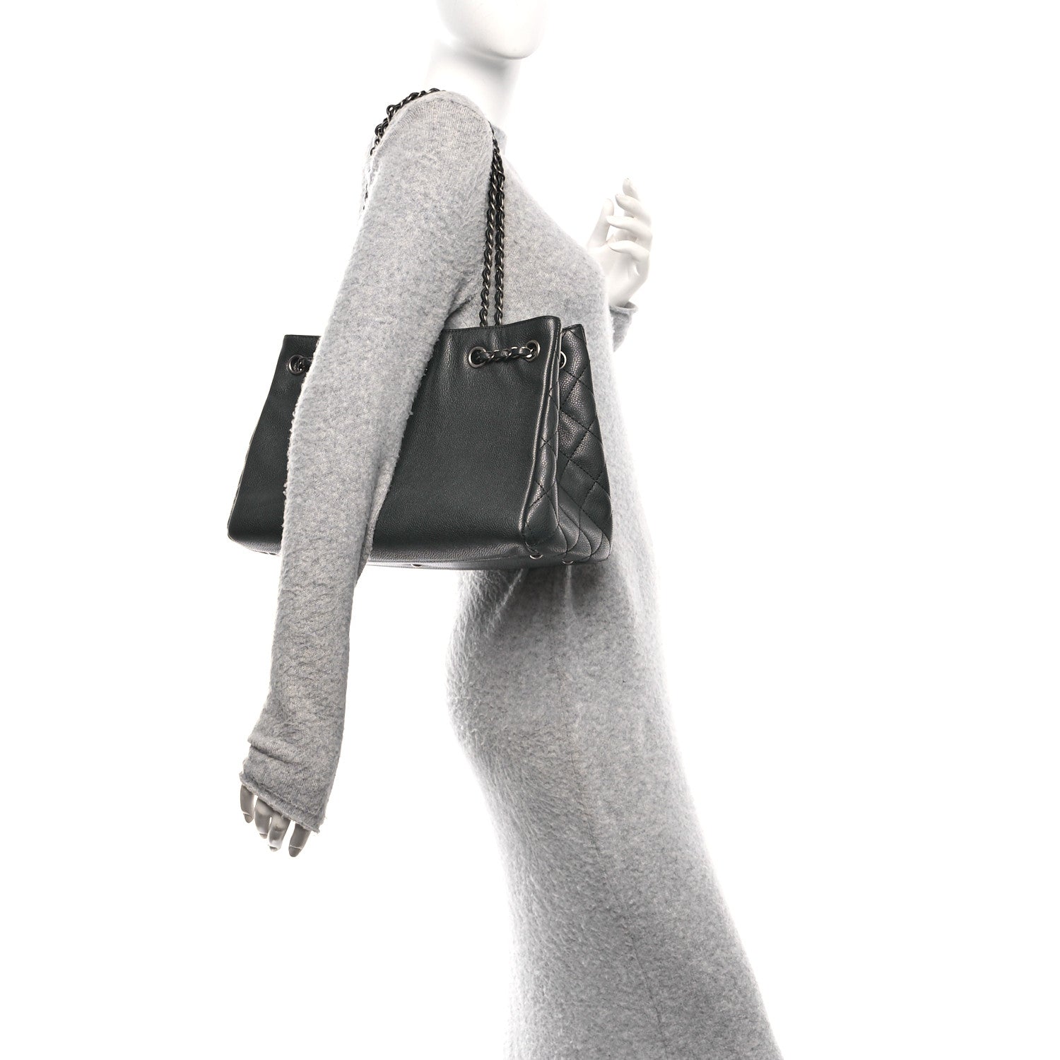 Metallic Grained Calfskin Medium Woven Chain Shopping Bag Black