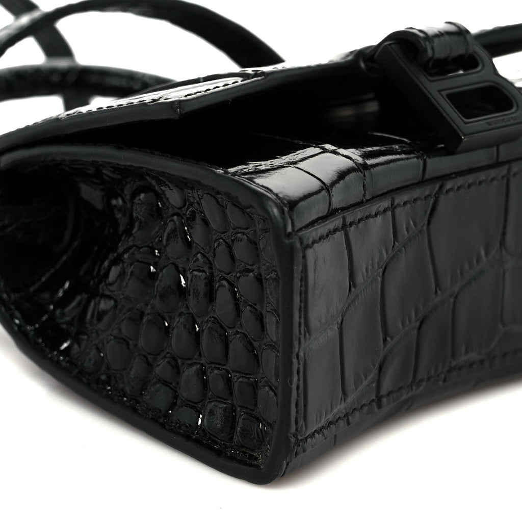 Shiny Calfskin Monochrome Crocodile Embossed Hourglass Top Handle Bag Mini Black