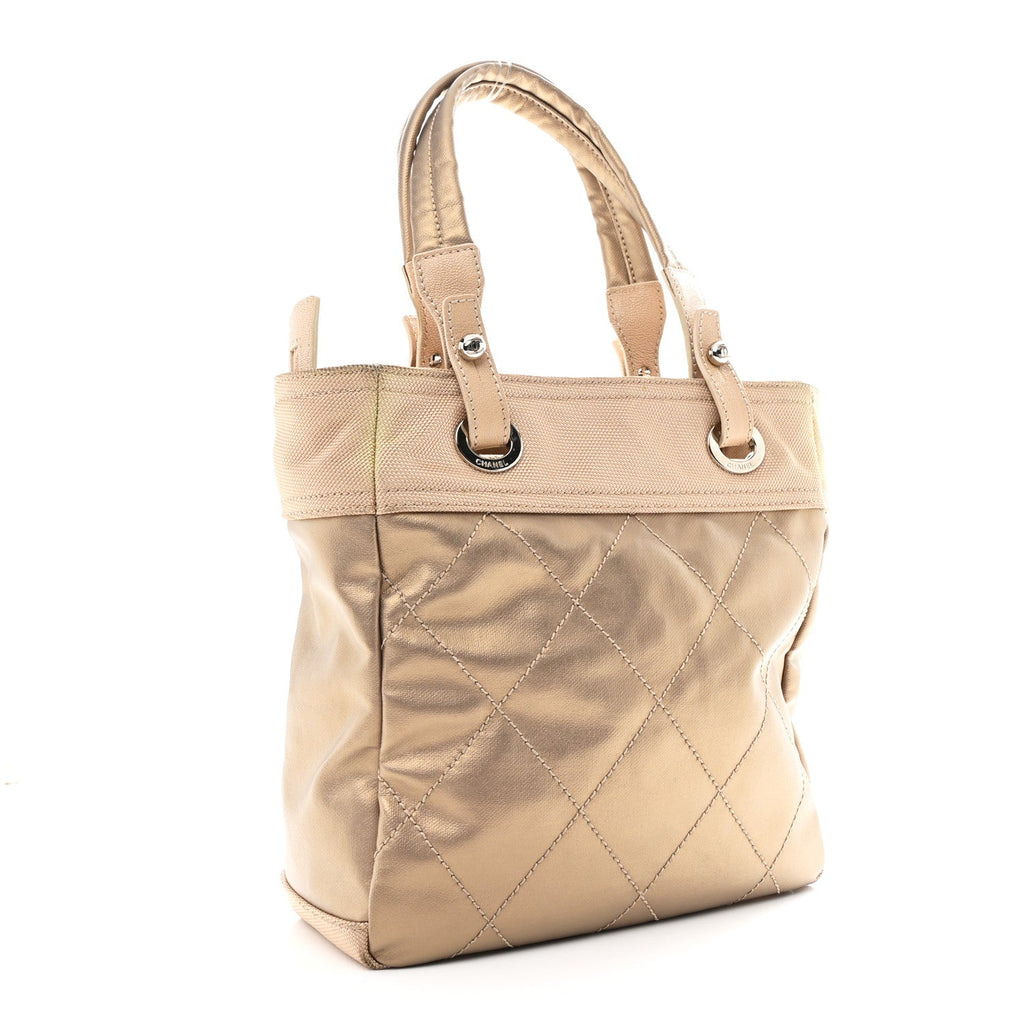 Metallic Coated Canvas Quilted Small Paris Biarritz Tote Gold