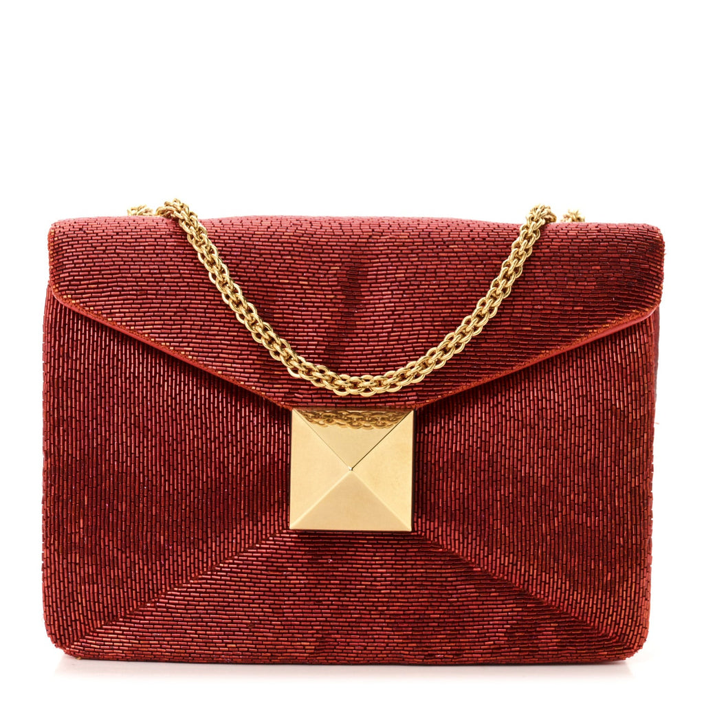 Nappa Beaded One Stud Chain Clutch Red