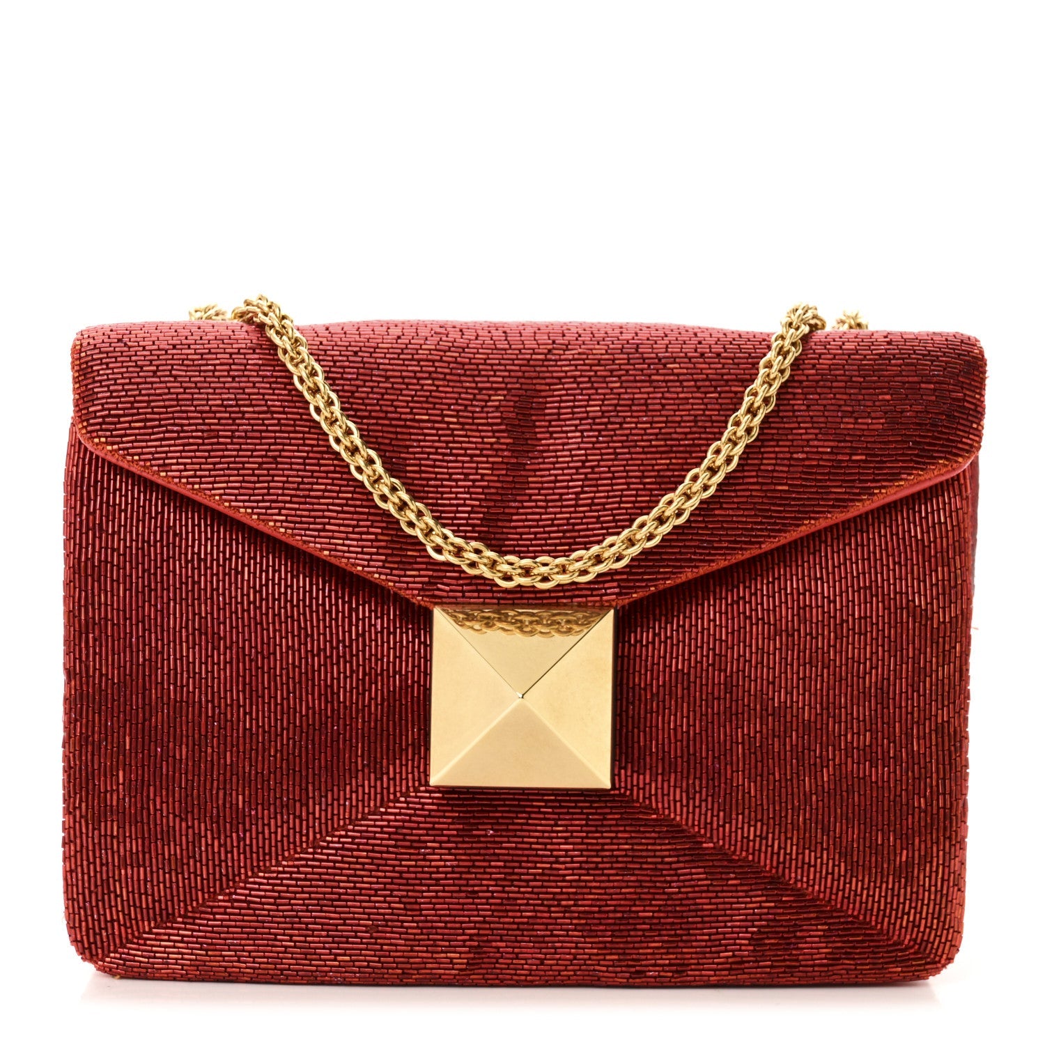 Nappa Beaded One Stud Chain Clutch Red