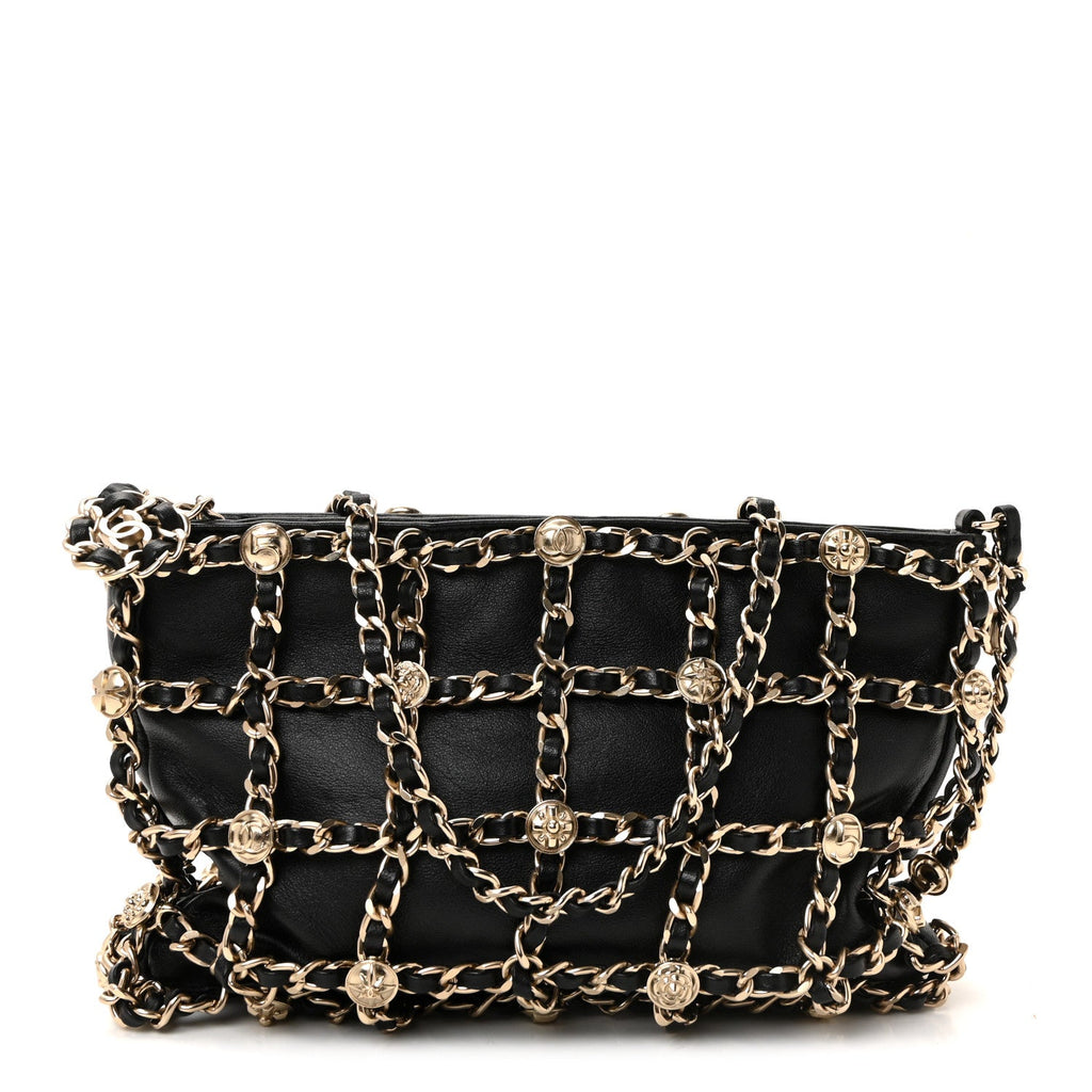 Lambskin Chain Frame Medallion Shoulder Bag Black