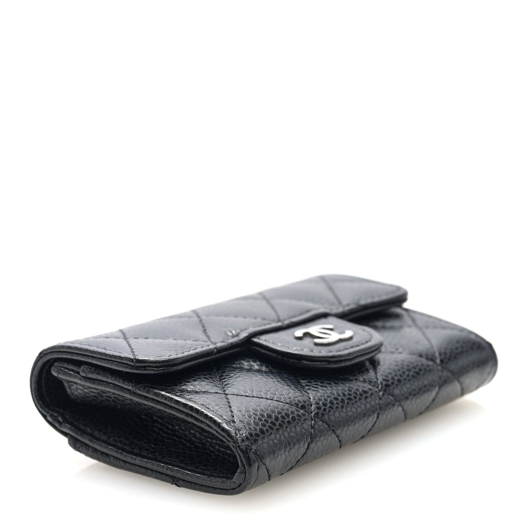 Caviar Quilted Flap  Holder Wallet Black