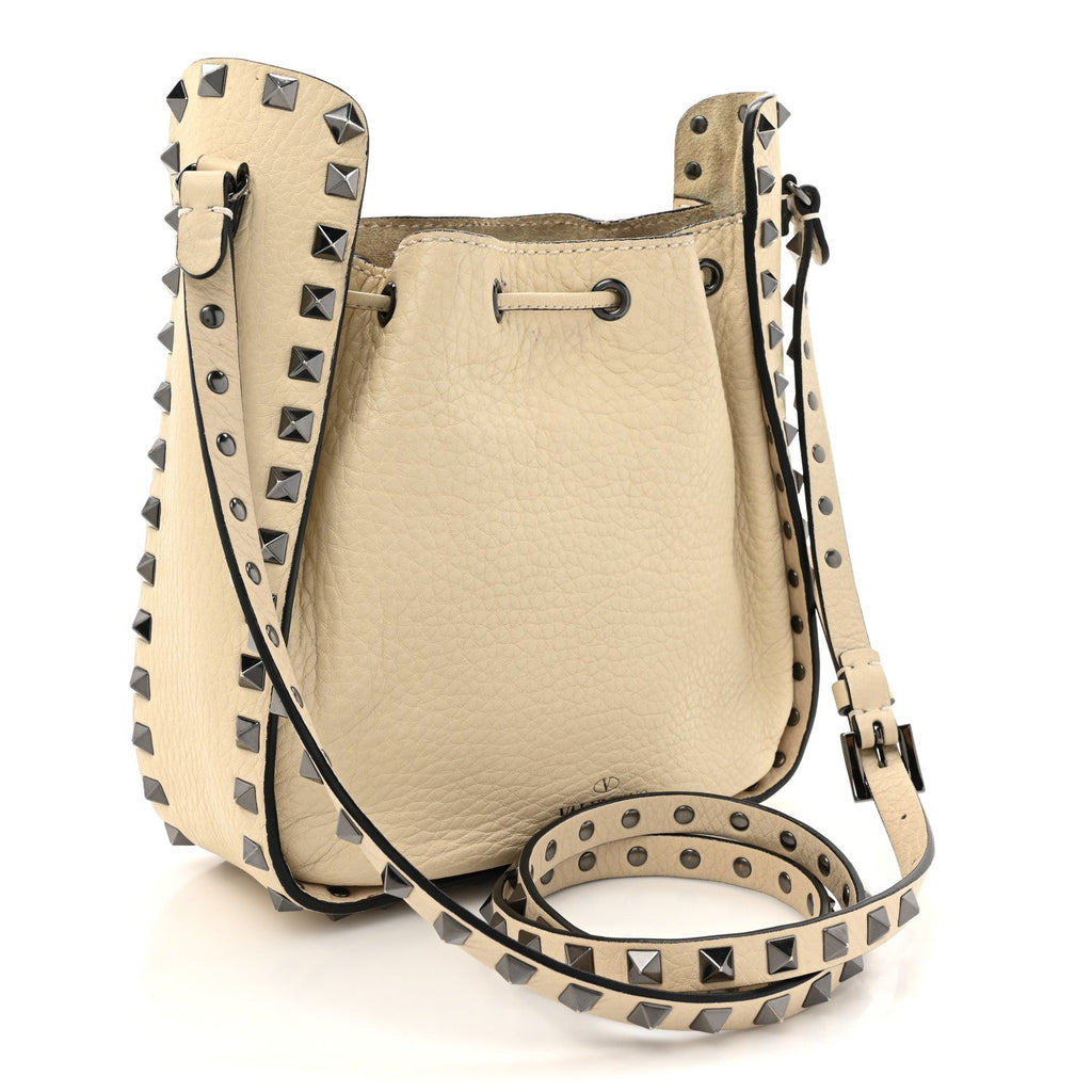 Grained Calfskin Rockstud Bucket Bag Ivory