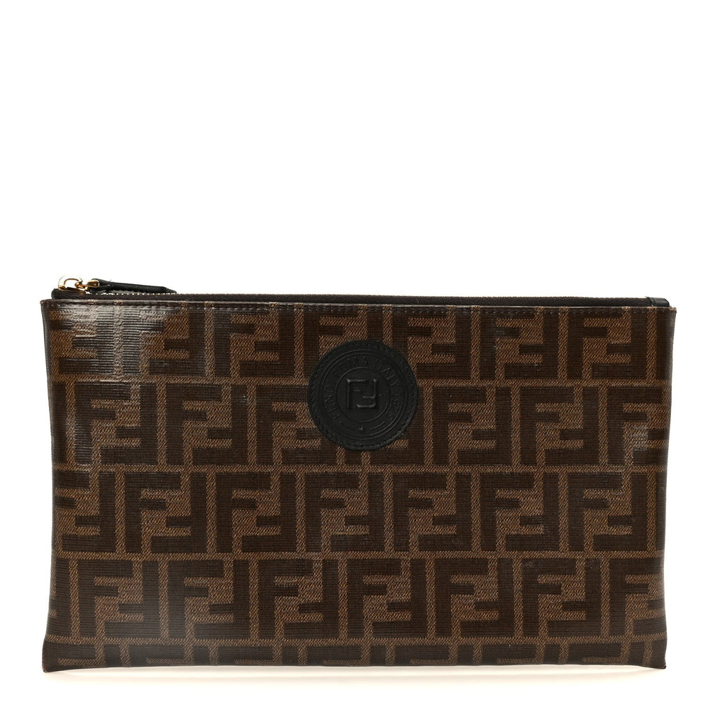 Glazed Fabric Vitello Century FF 1974 Stamp Patch Large Flat Pouch Mogano Panna Black