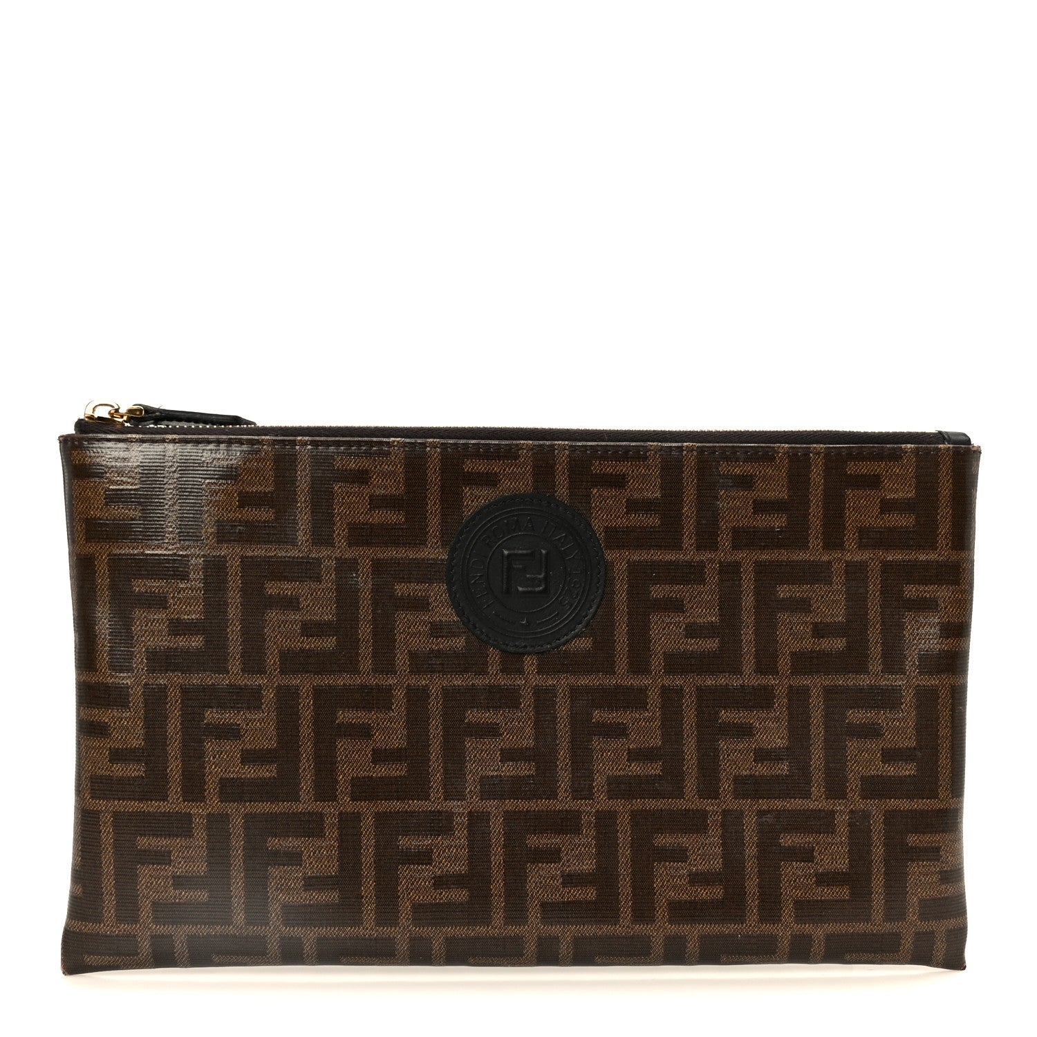 Glazed Fabric Vitello Century FF 1974 Stamp Patch Large Flat Pouch Mogano Panna Black