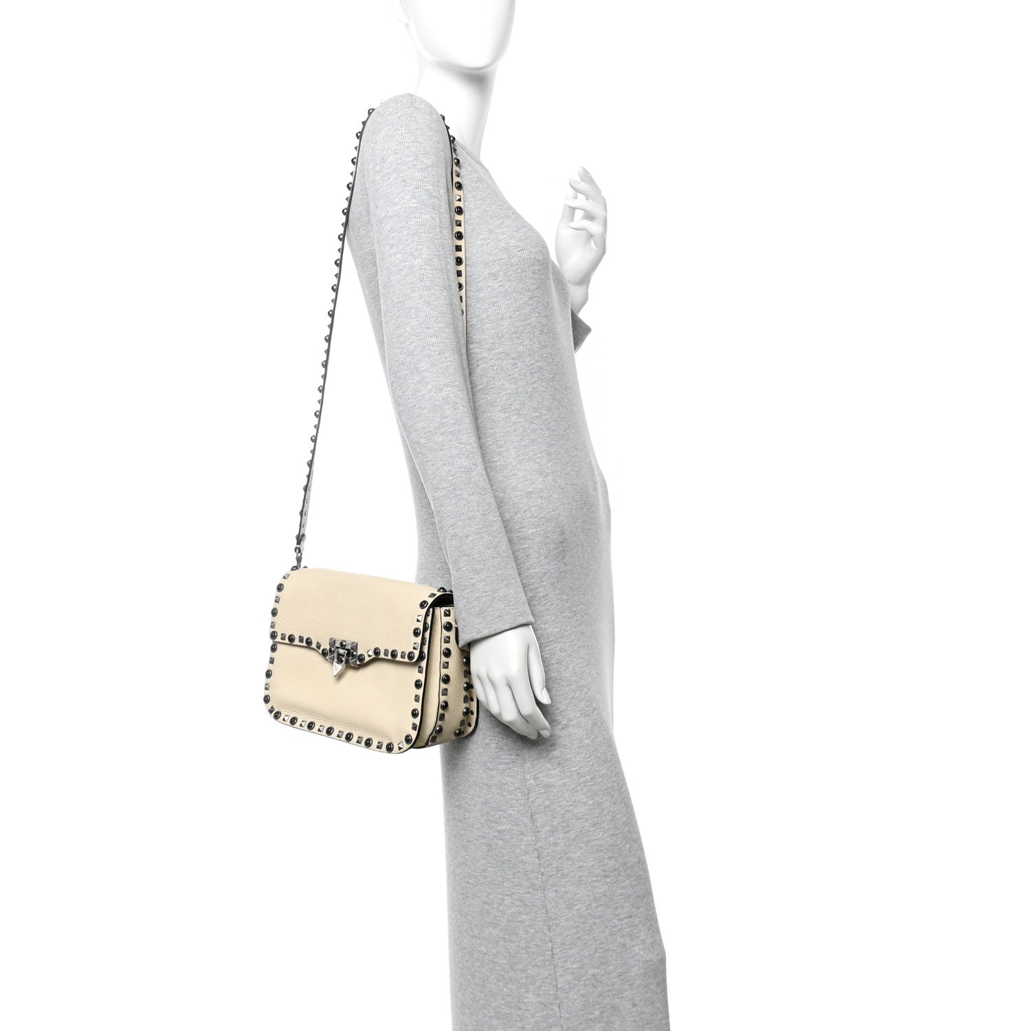Pebbled Calfskin Onyx Medium Guitar Strap Rockstud Rolling Flap Saddle Bag Ivory