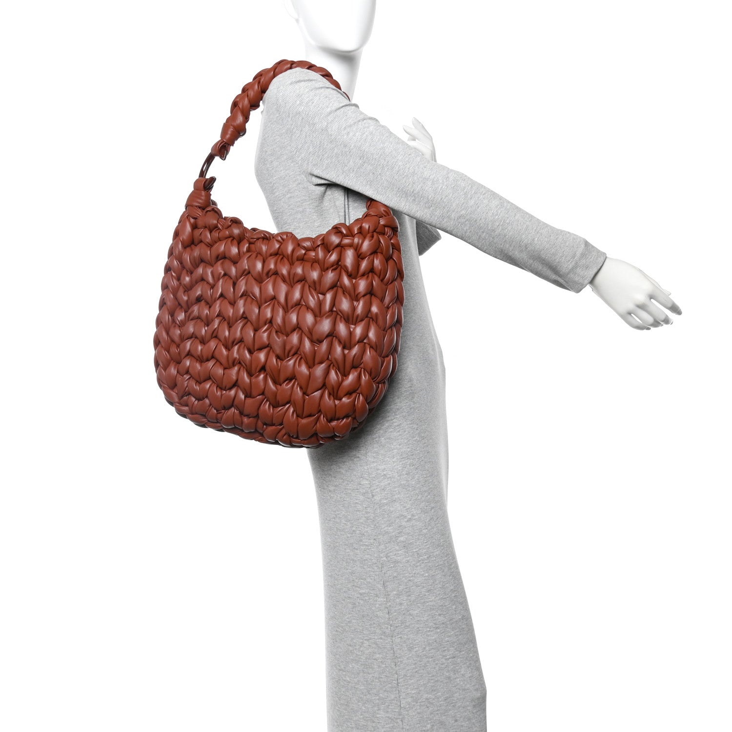 Lambskin Woven Wooden C Shoulder Bag Sepia Brown
