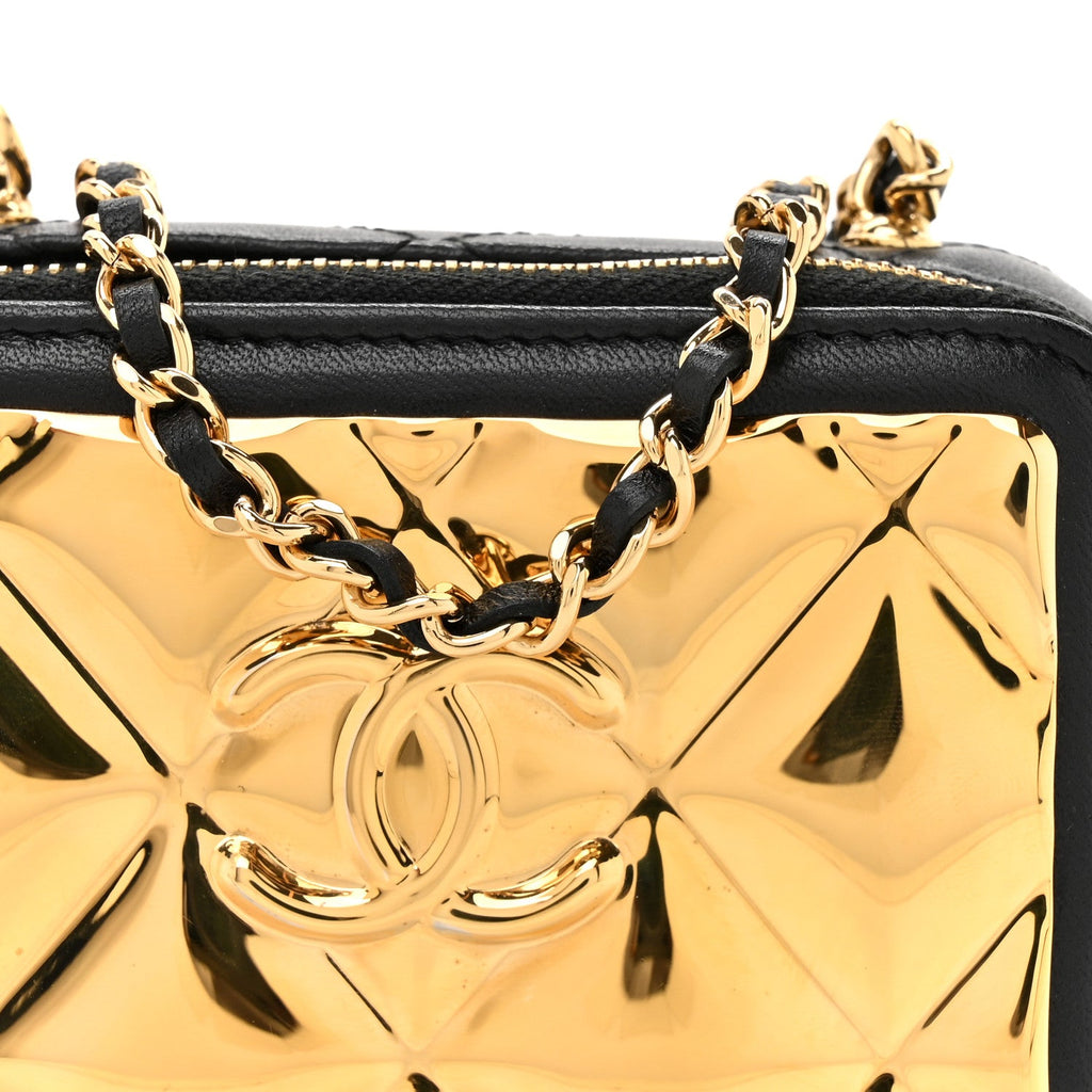 Lambskin Quilted Mini Golden Plate Clutch With Chain Black
