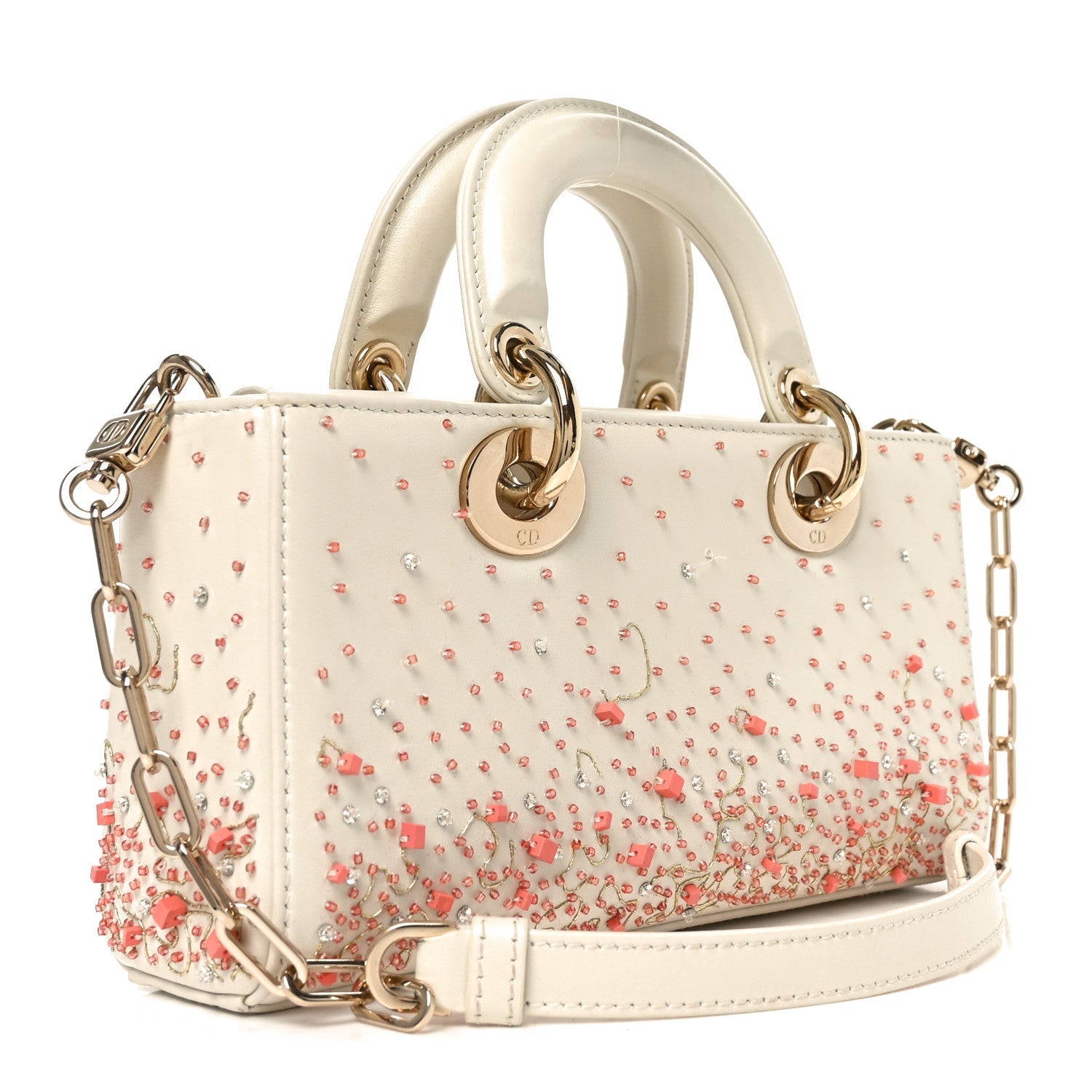 Calfskin Embroidered Small Lady D-Joy White Multicolor