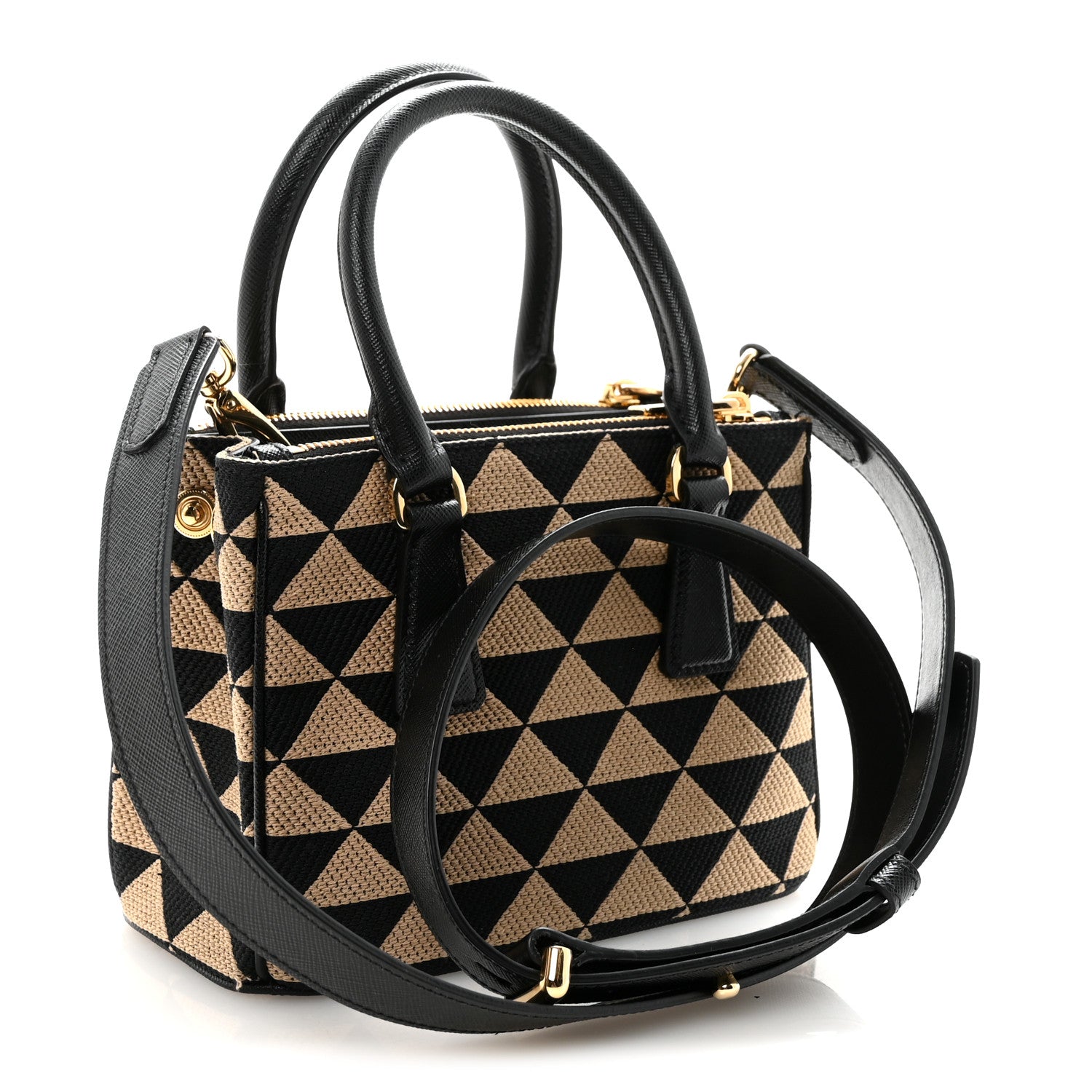 Jacquard Saffiano Triangolo Symbole Embroidered Mini Galleria Double Zip Tote Black Corda