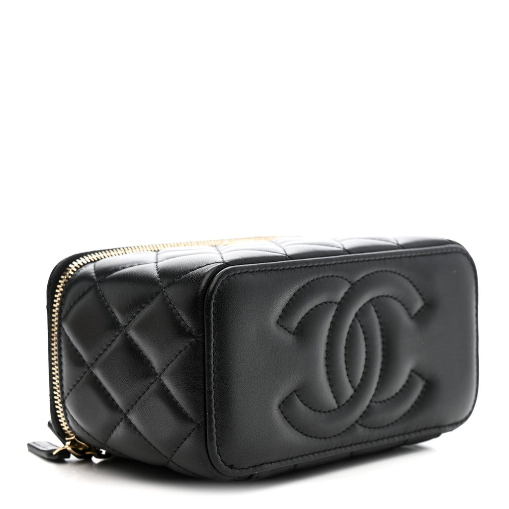 Lambskin Quilted Pearl Crush Small Vanity Case With Chain Black