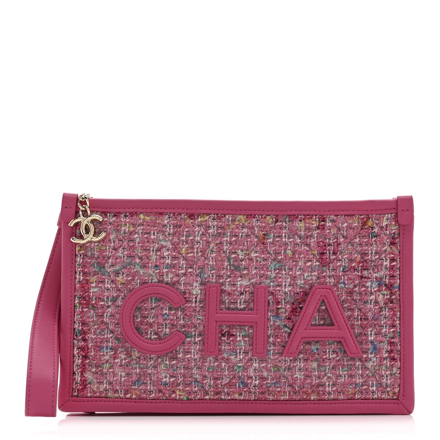 Tweed PVC Lambskin Wristlet Pouch Pink