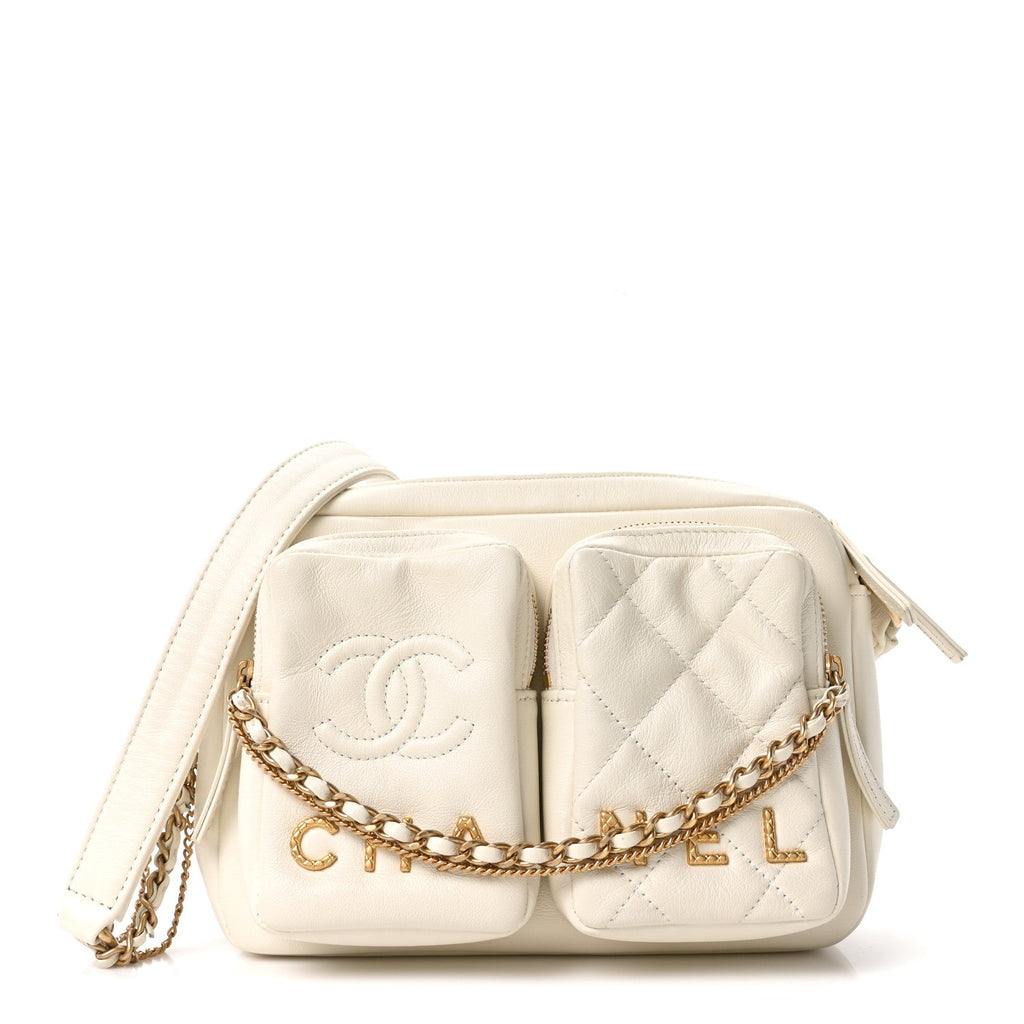Calfskin Quilted Small Camera Case White