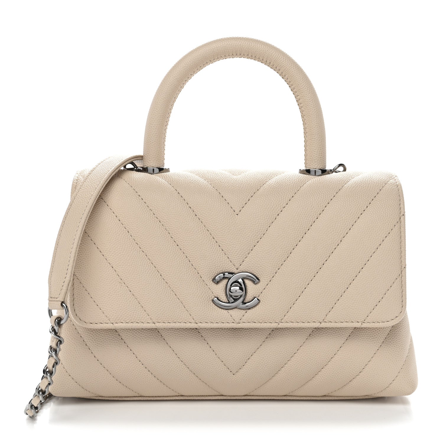 Caviar Chevron Quilted Mini Coco Handle Flap Beige