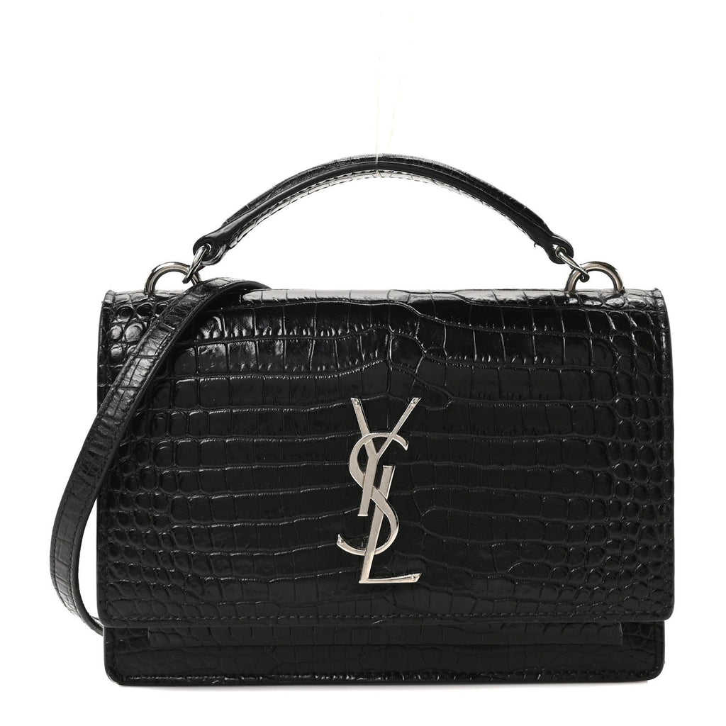 Calfskin Crocodile Embossed Monogram Sunset Top Handle Chain Wallet Black