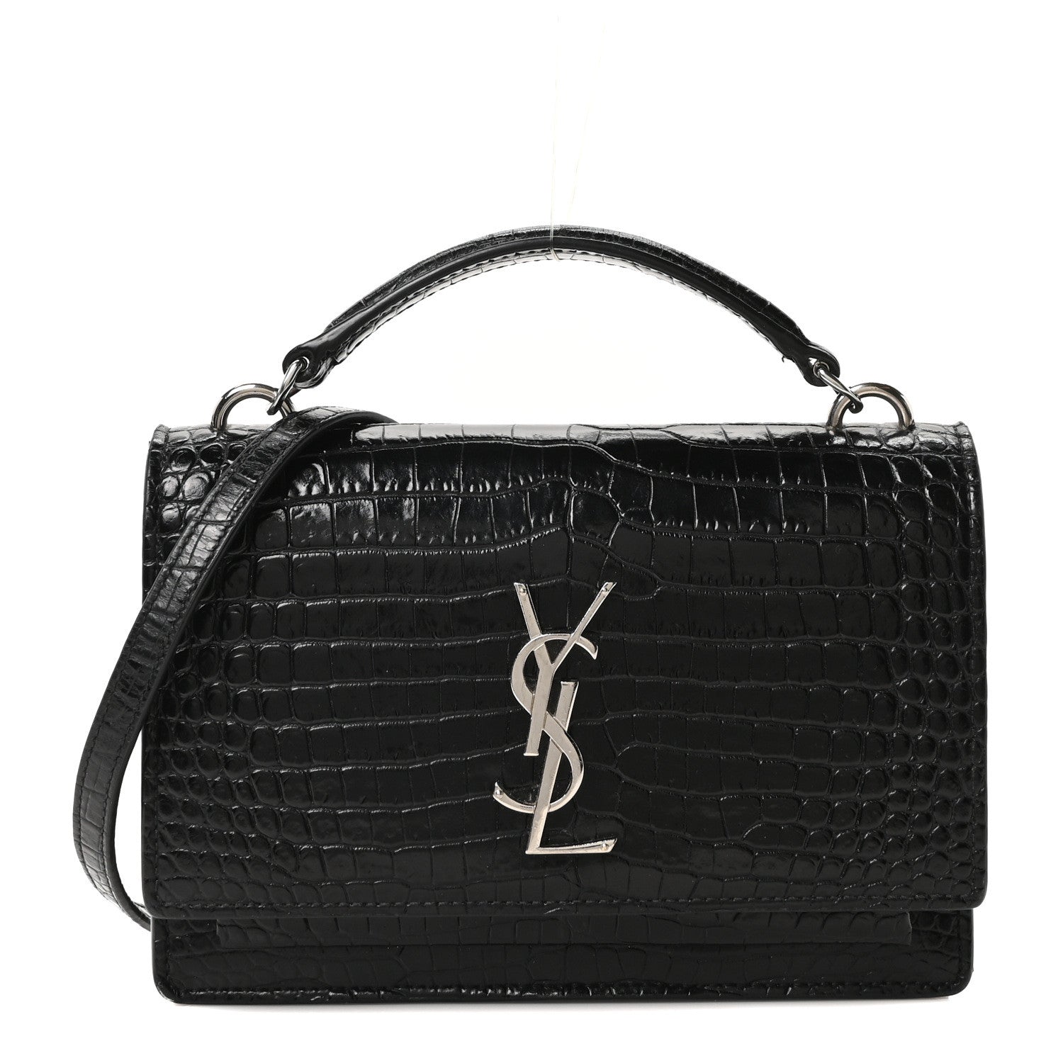 Calfskin Crocodile Embossed Monogram Sunset Top Handle Chain Wallet Black